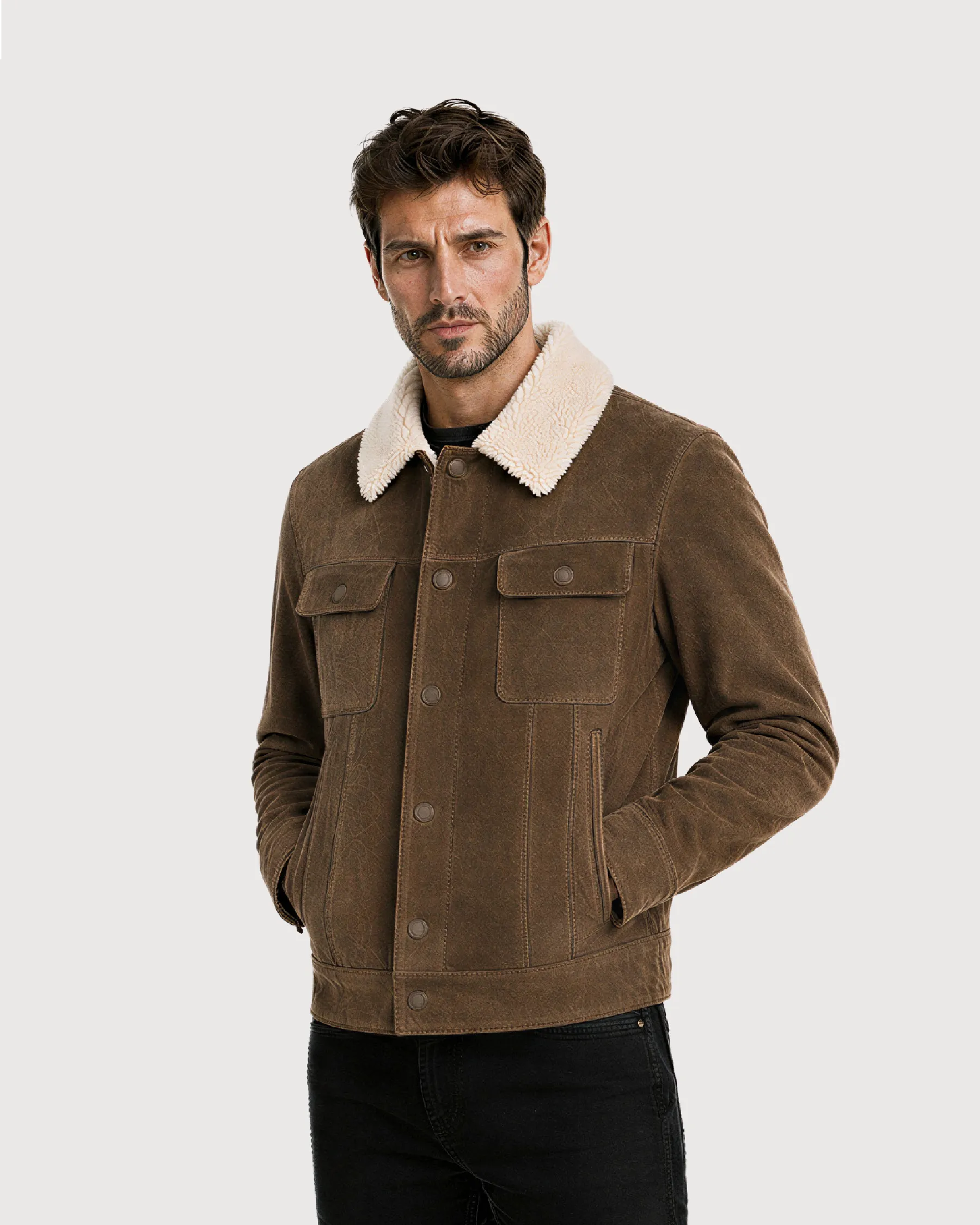 HOLT Brown Suede Shearling Trucker Jacket - Pocket