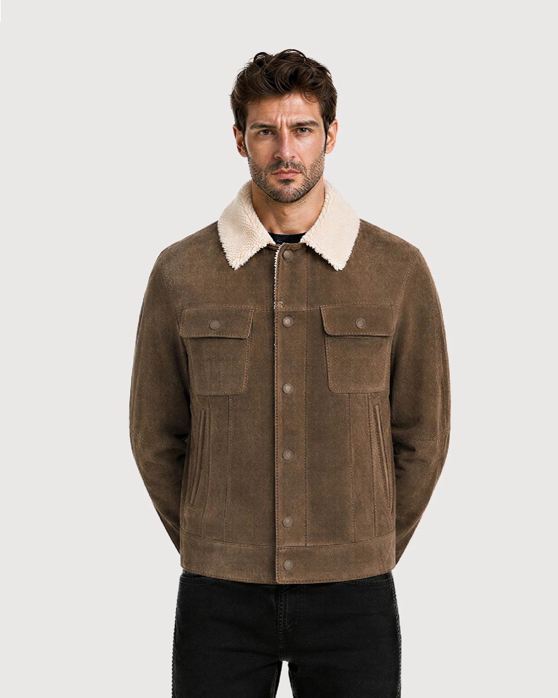 HOLT Brown Suede Shearling Trucker Jacket - Pose