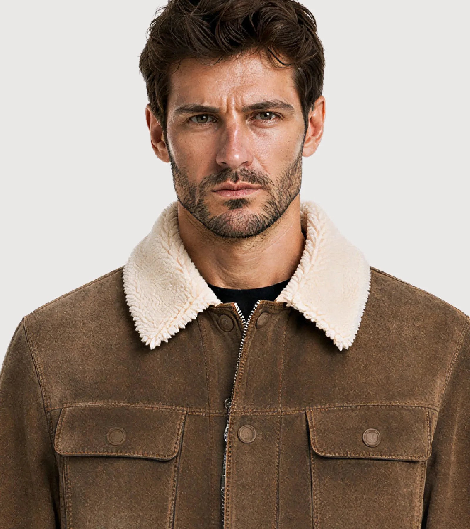 HOLT Brown Suede Shearling Trucker Jacket - Zoom
