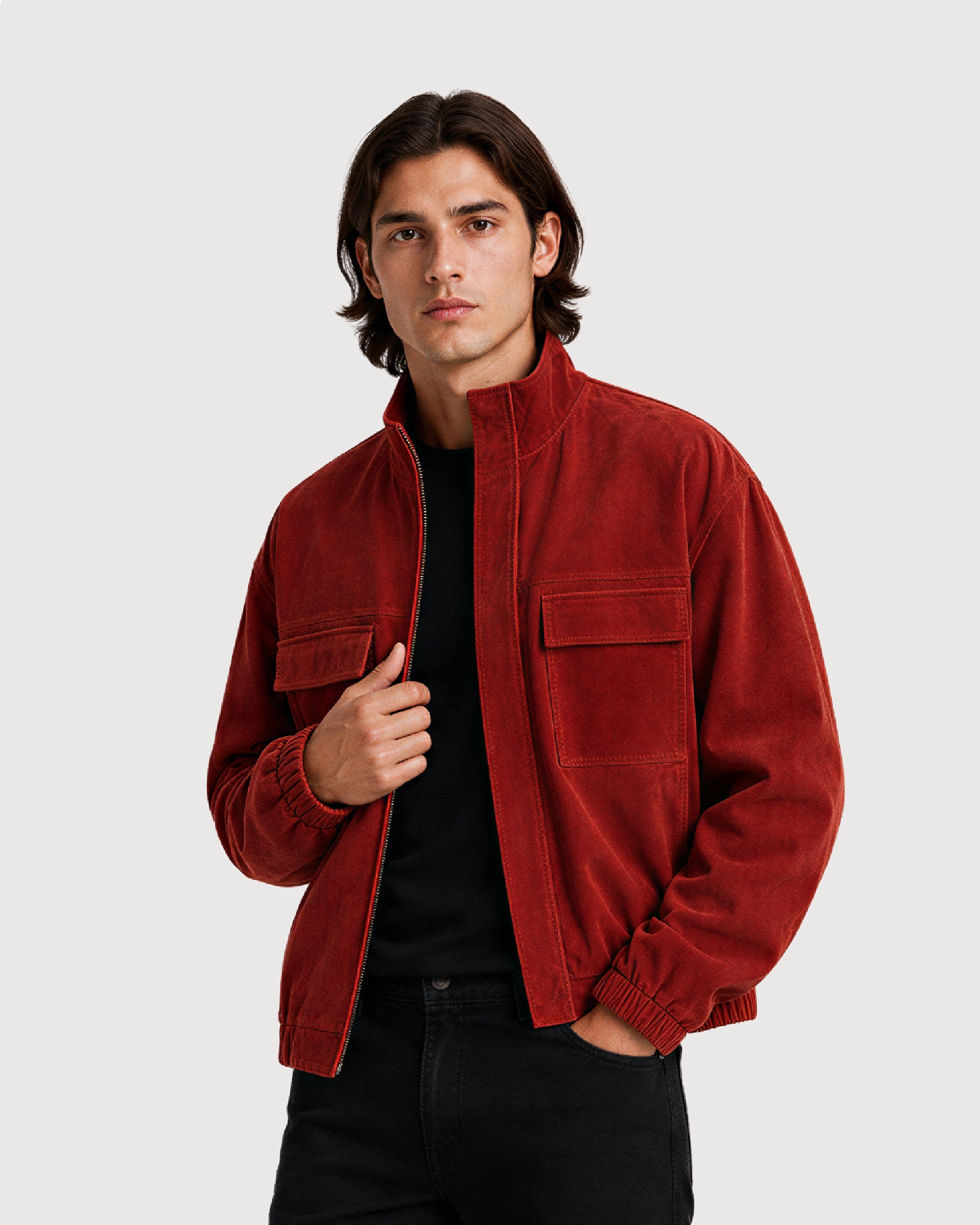 KAIRO Rust Red Suede Flight Jacket - Open Zipper