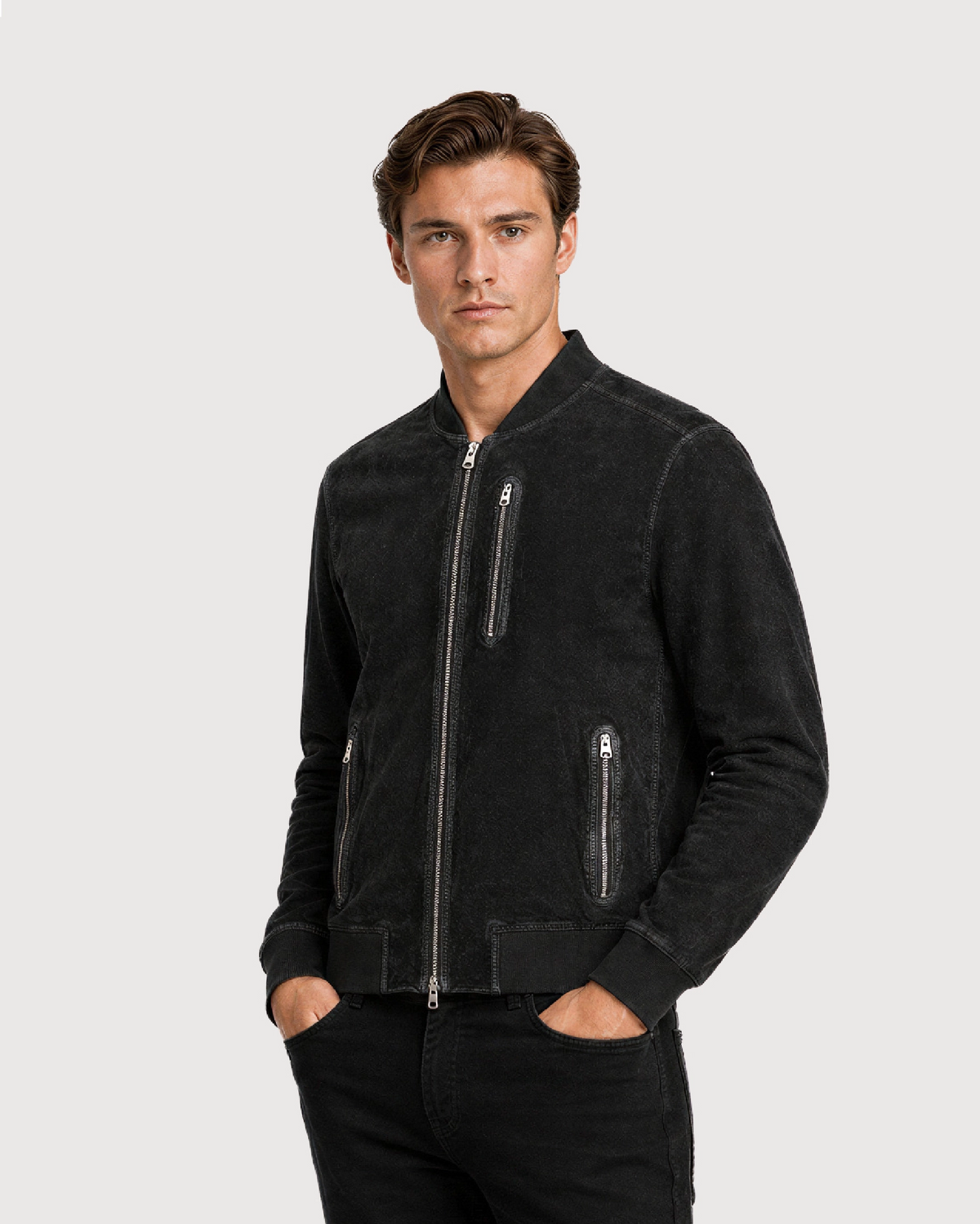 KELLAN Black Suede Bomber Leather Jacket - Right