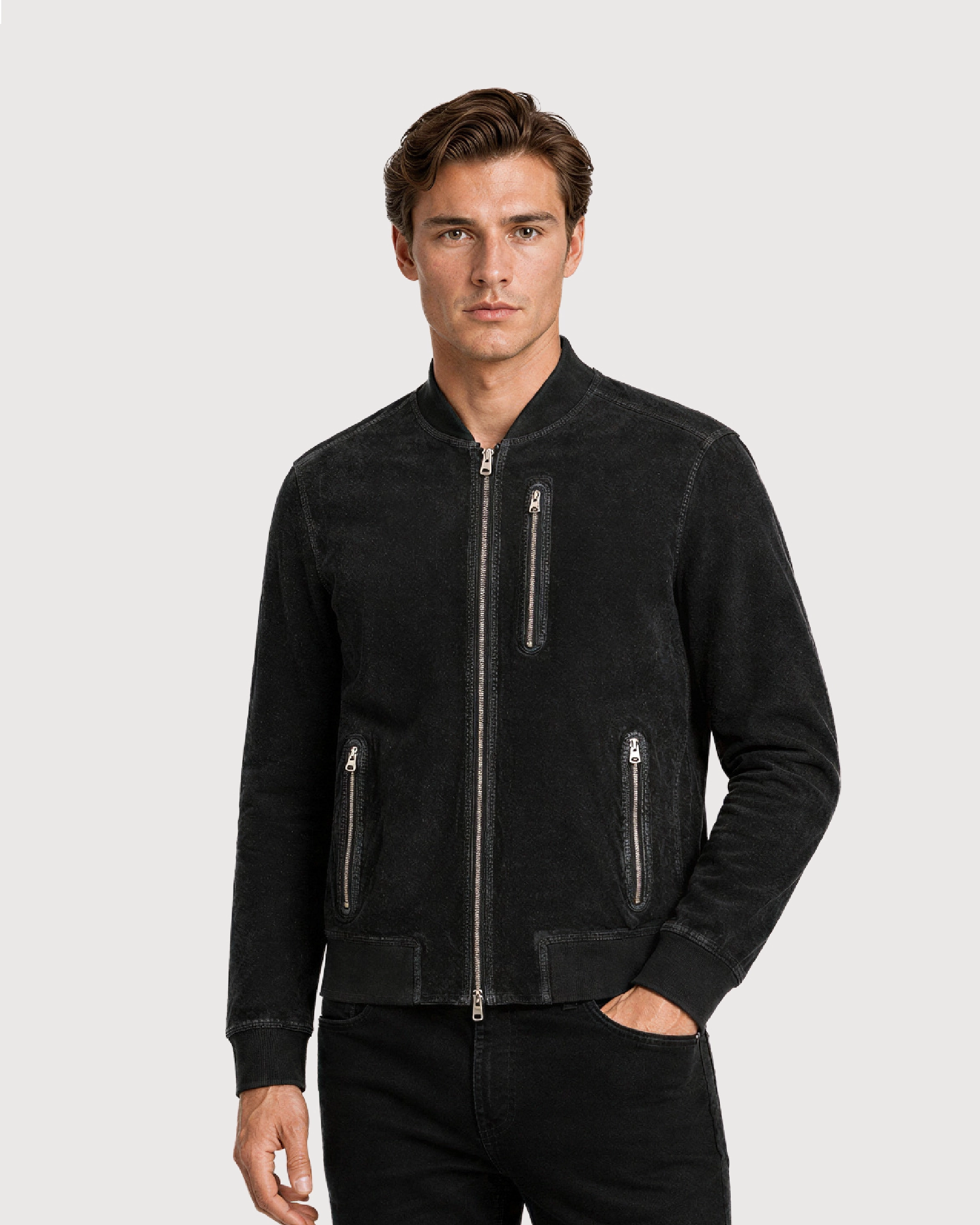 KELLAN Black Suede Bomber Leather Jacket - Side