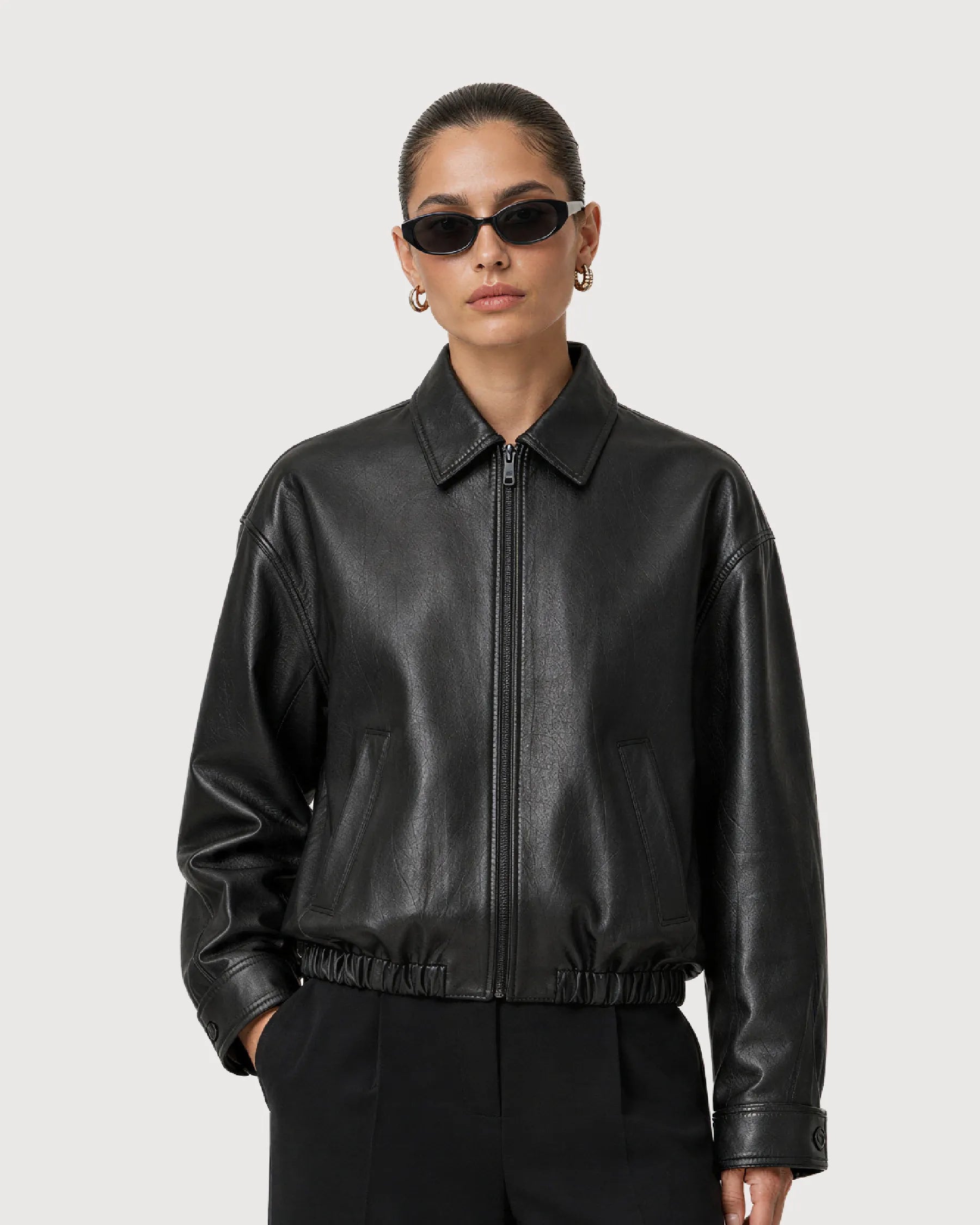 KIRA Cropped Black Leather Bomber Jacket