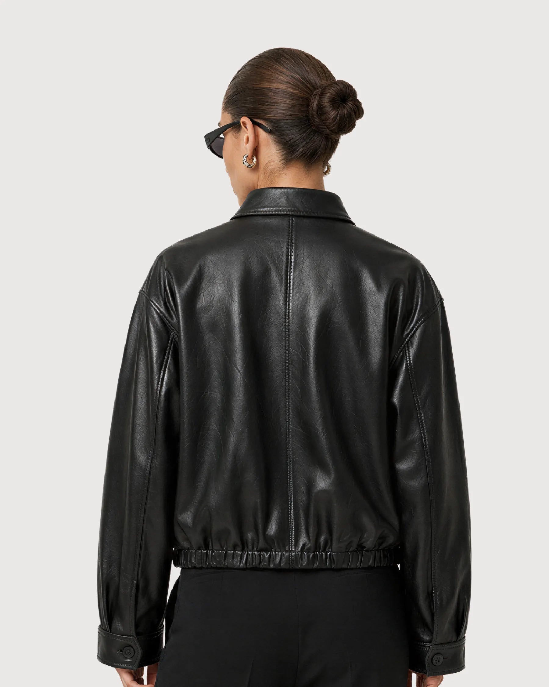 KIRA Cropped Black Leather Bomber Jacket - Back