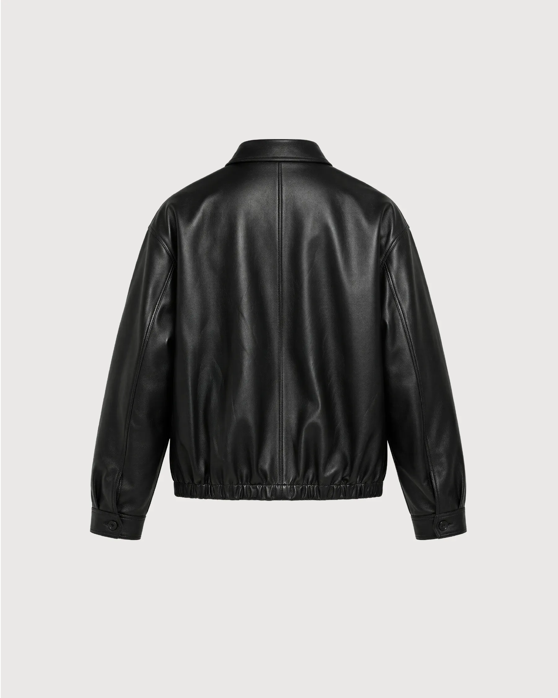 KIRA Cropped Black Leather Bomber Jacket - Back Pattern