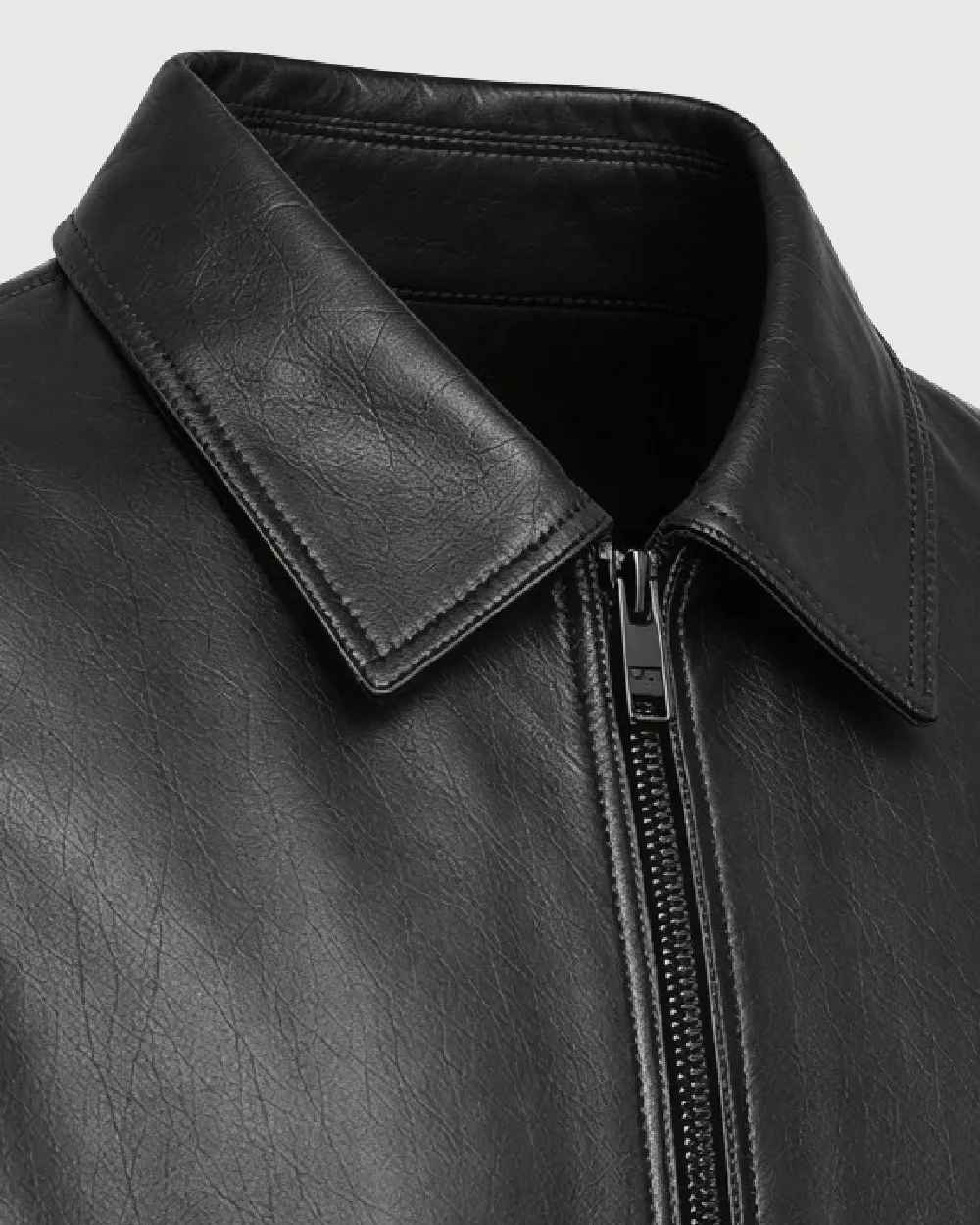 KIRA Cropped Black Leather Bomber Jacket - Collar