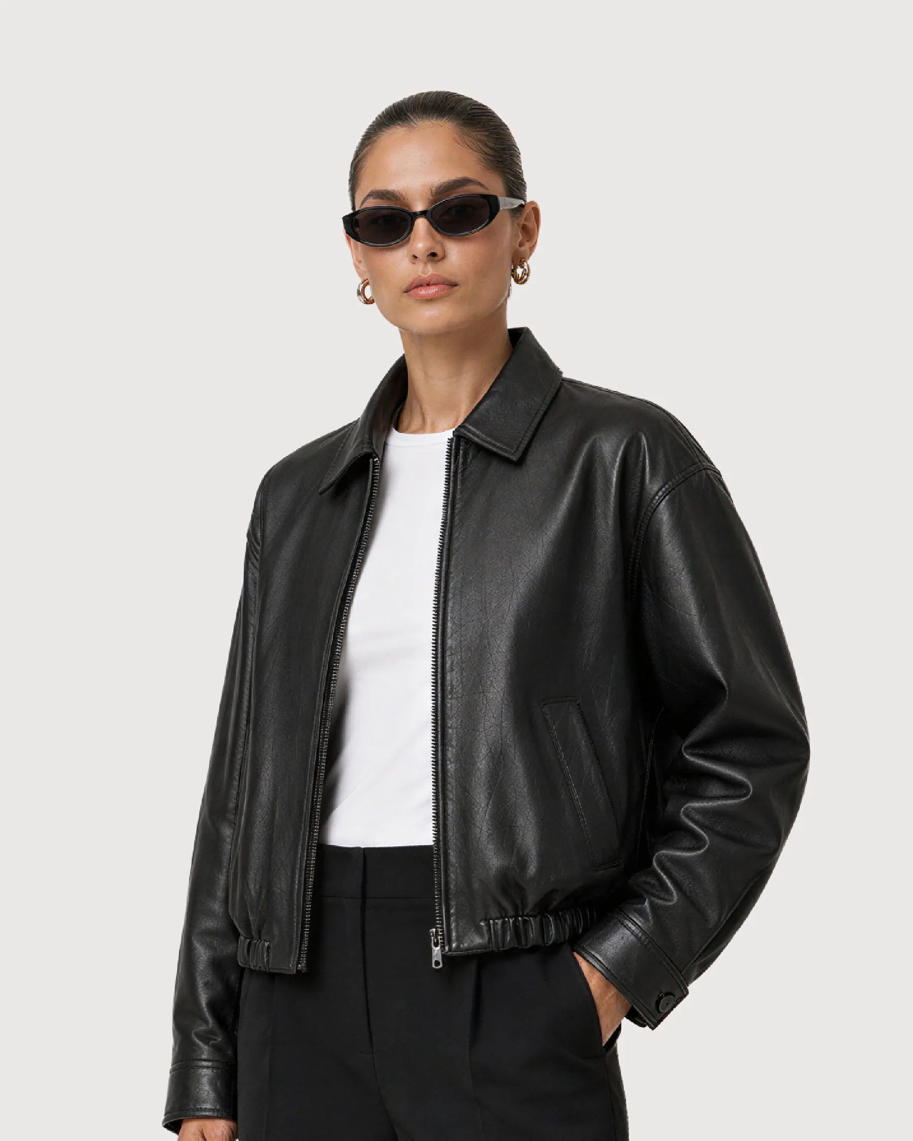 KIRA Cropped Black Leather Bomber Jacket - Open Zipper