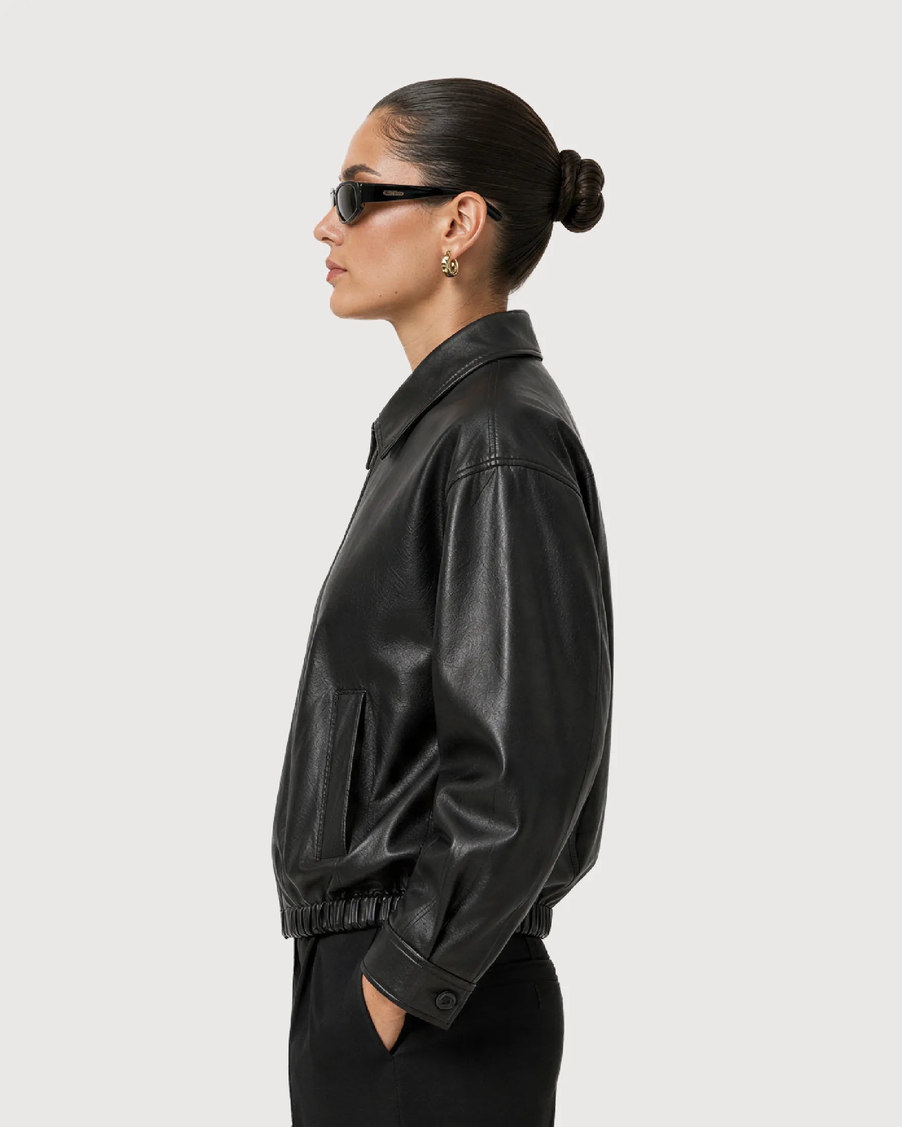 KIRA Cropped Black Leather Bomber Jacket - Side