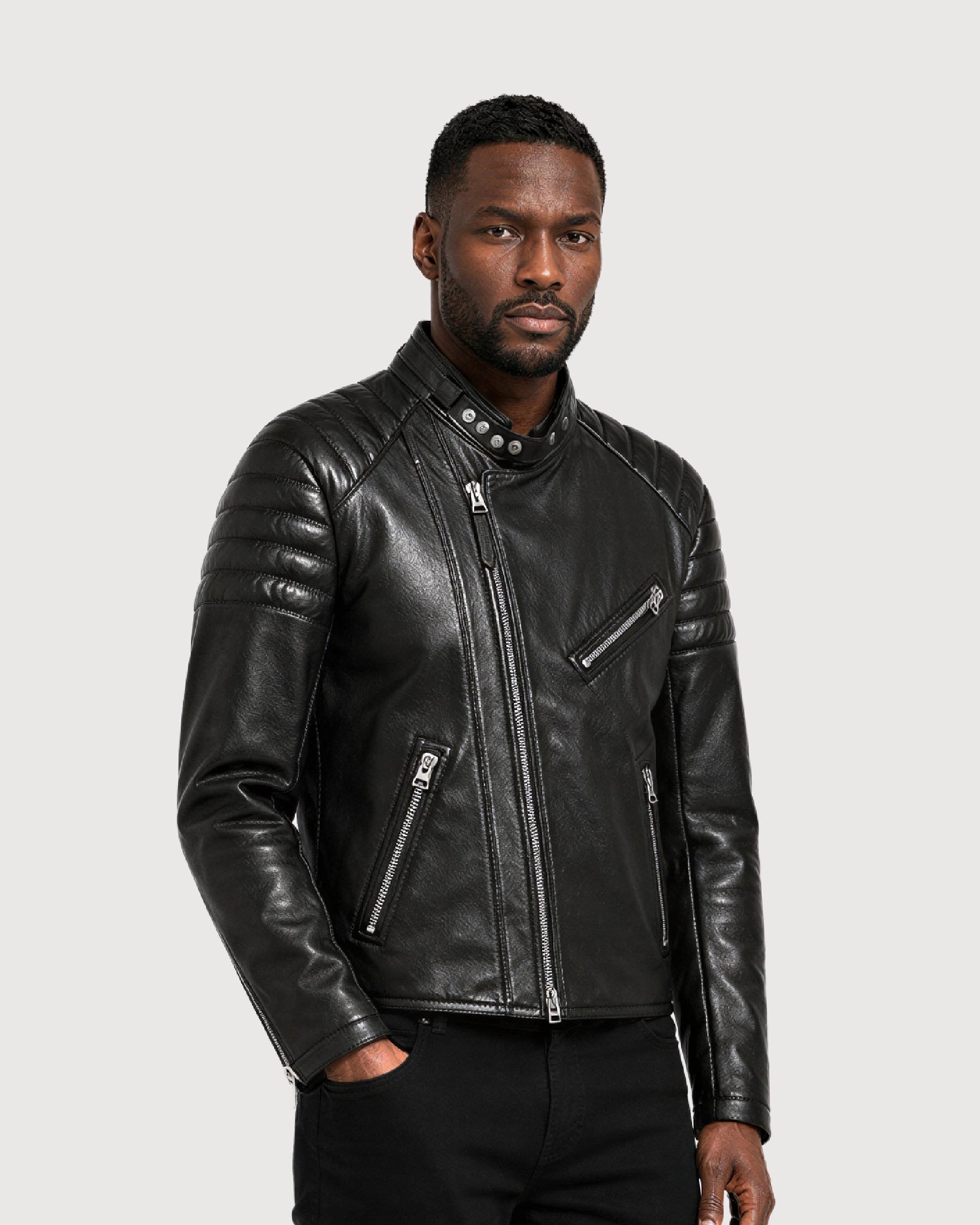 KNOX Black Quilted Biker Leather Jacket - Left
