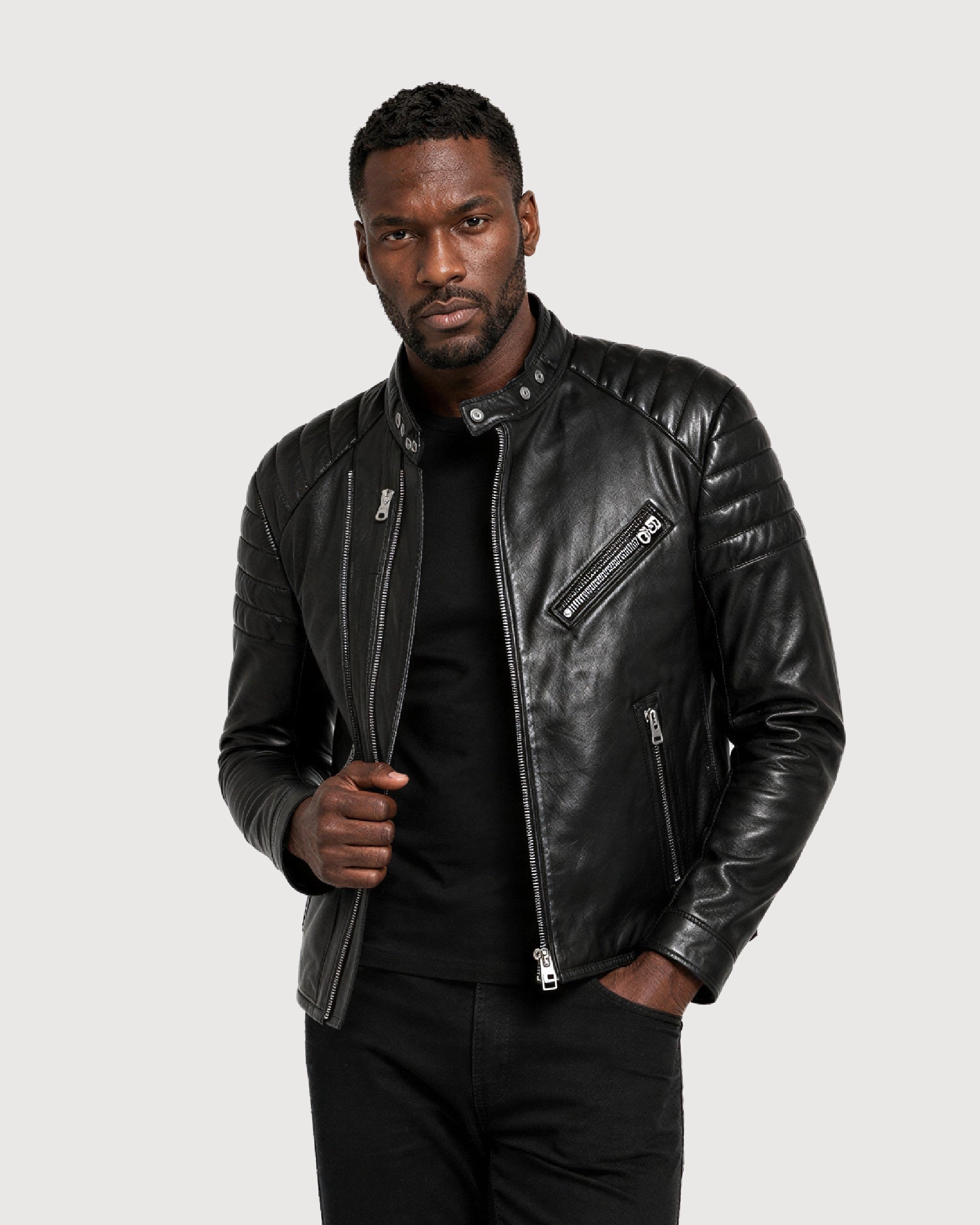 KNOX Black Quilted Biker Leather Jacket - Open Zipper