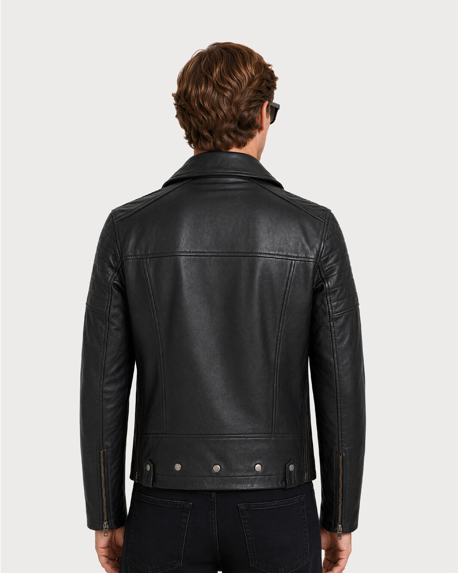 KROSS Black Biker Leather Jacket - Back Buttons