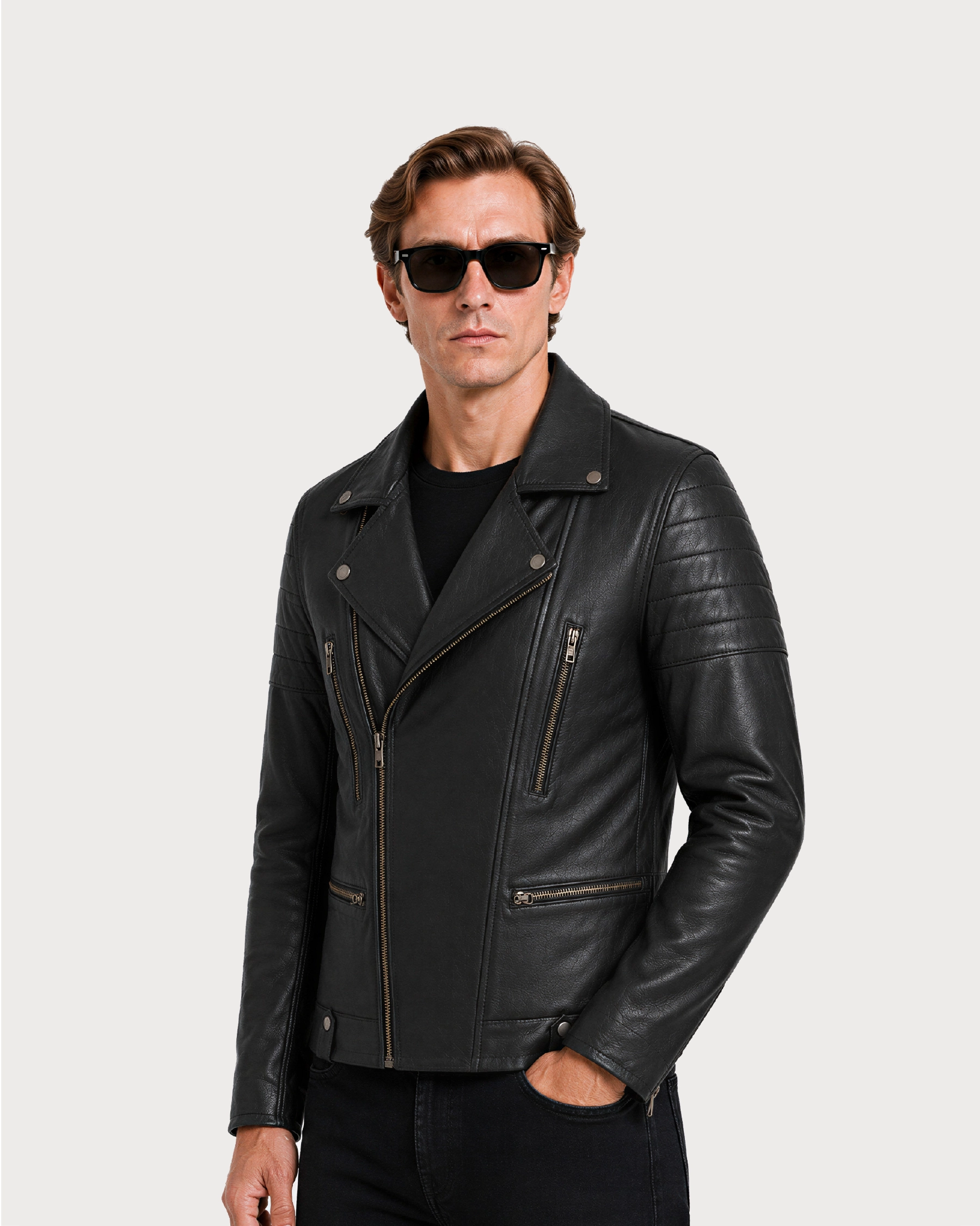 KROSS Black Biker Leather Jacket - Left
