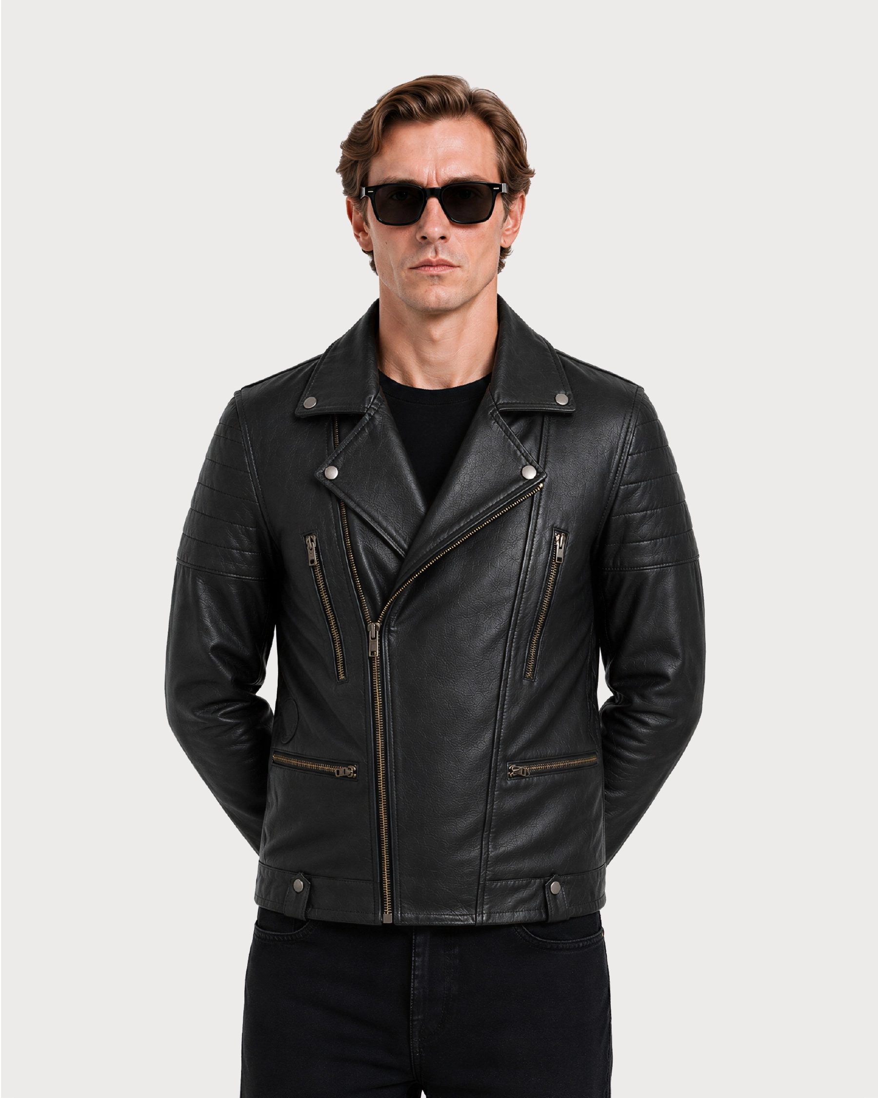 KROSS Black Biker Leather Jacket - Pose