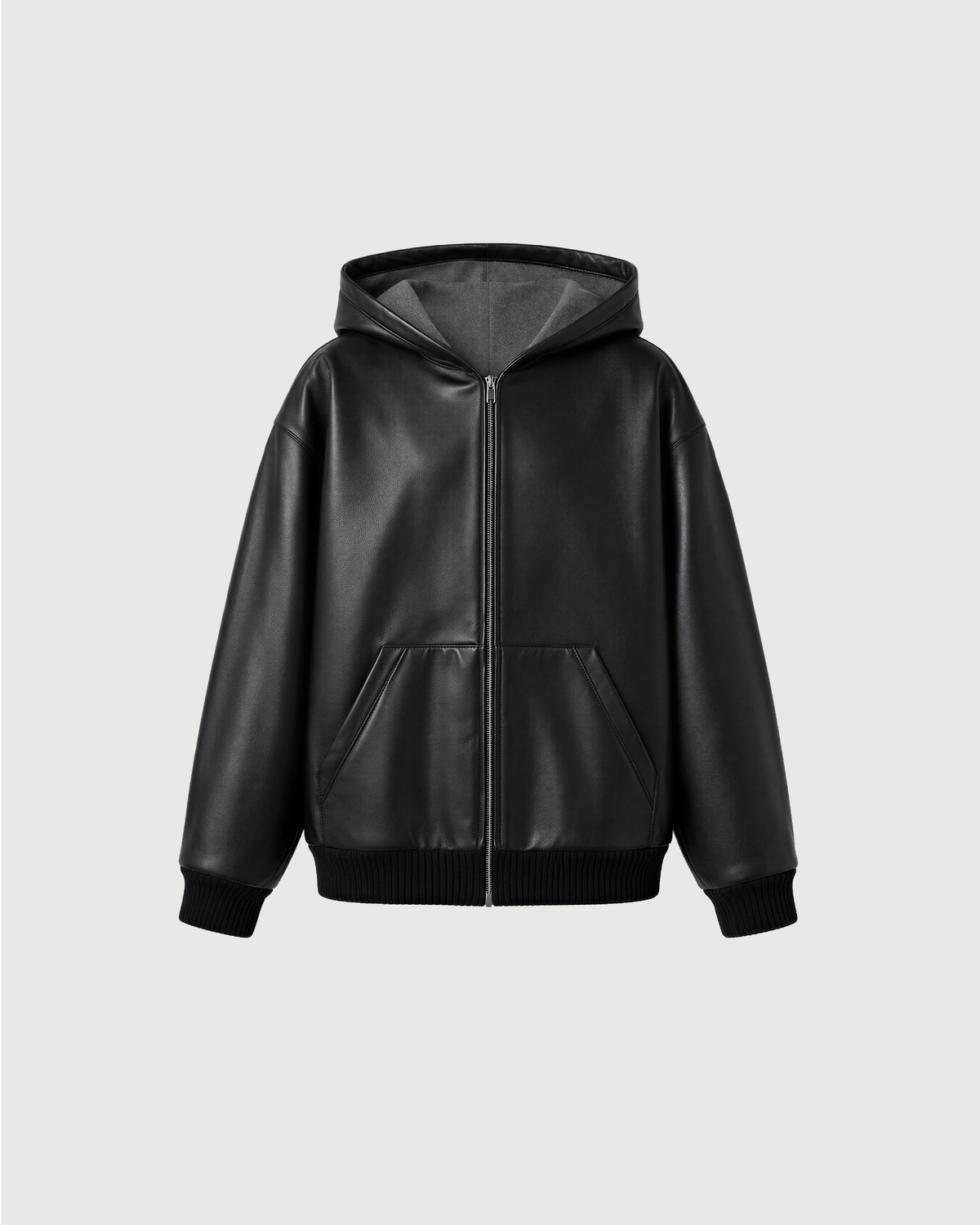 LORIN Black Hooded Leather Bomber Jacket - Front