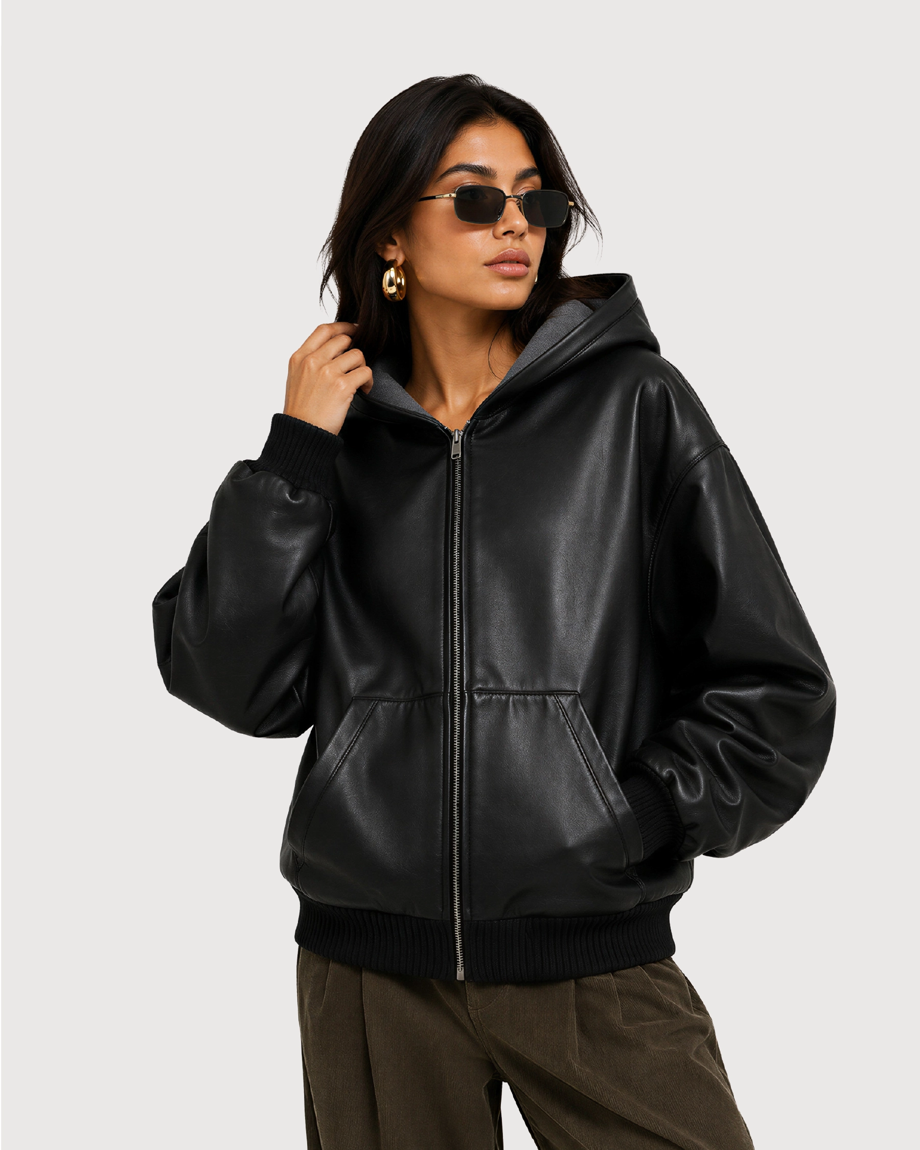 LORIN Black Hooded Leather Bomber Jacket - Left