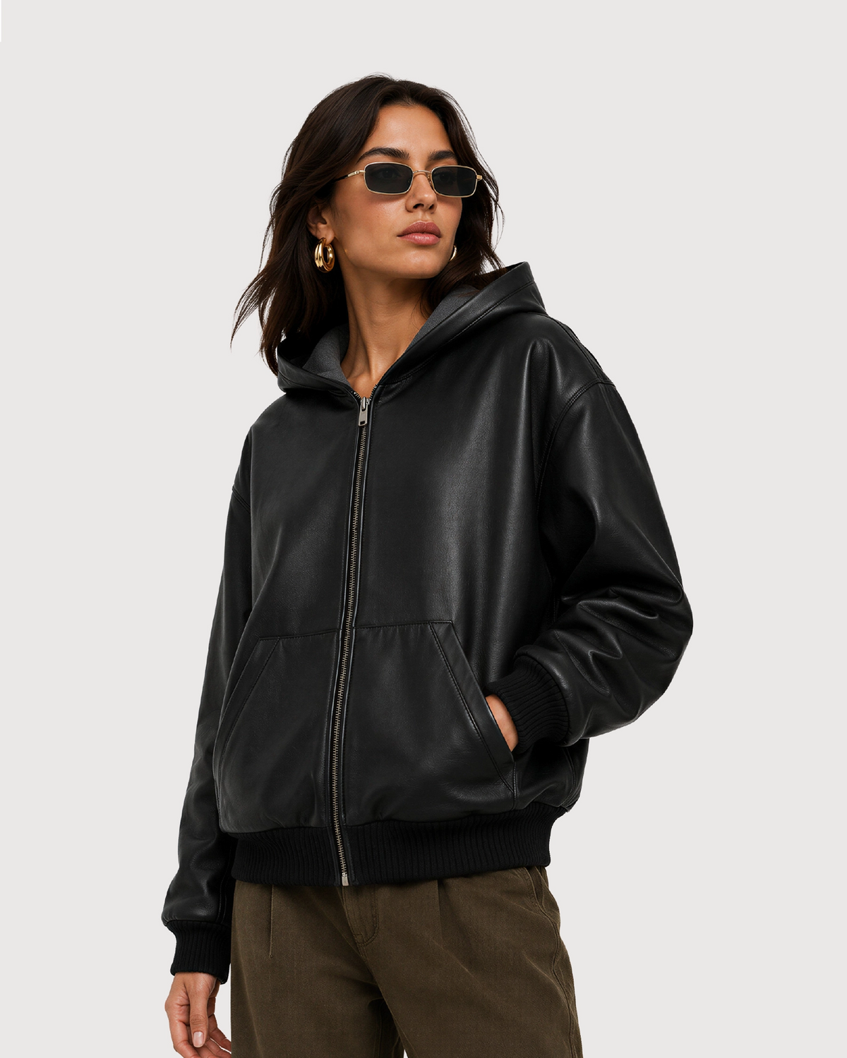 LORIN Black Hooded Leather Bomber Jacket - Right