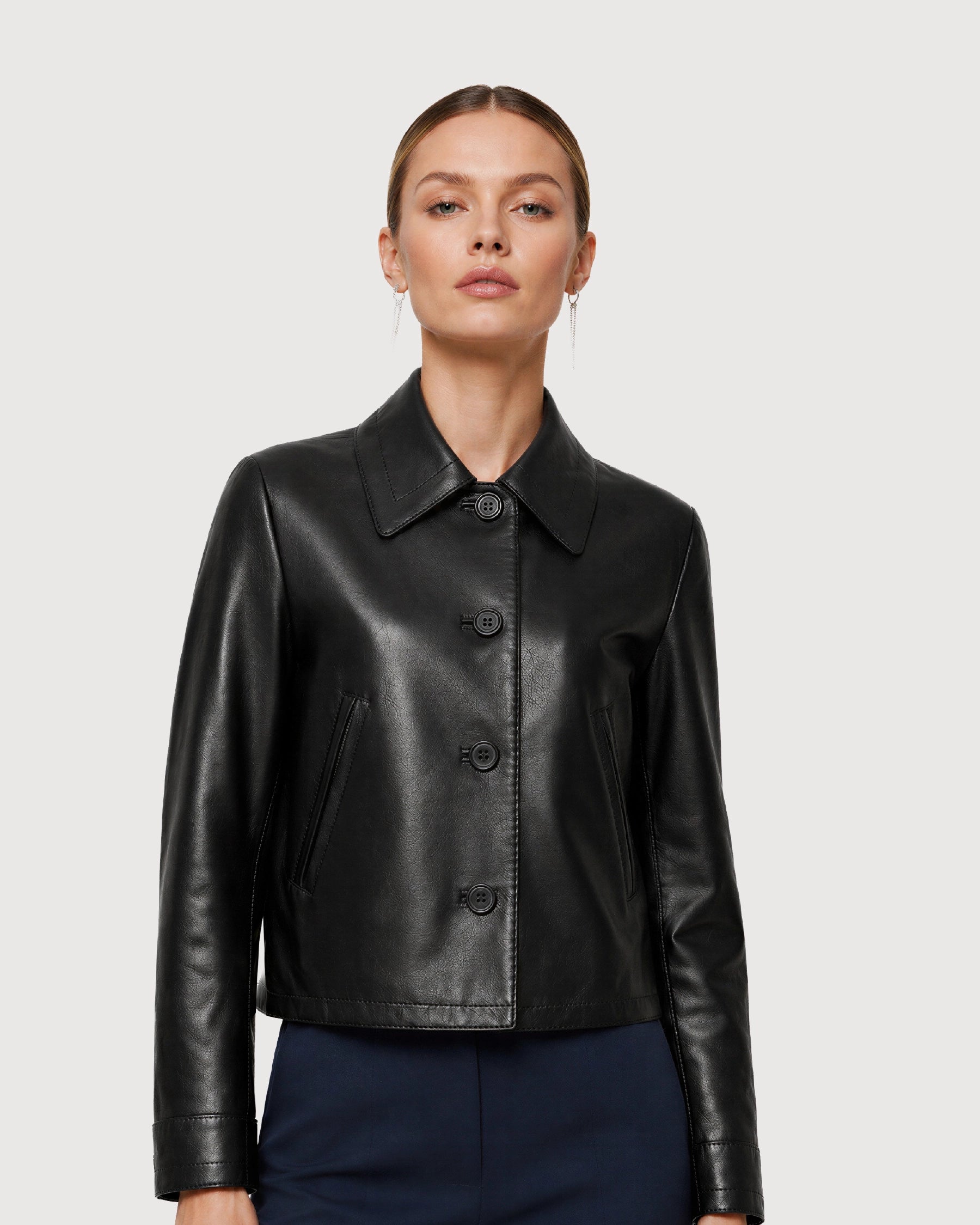 LUCIA Black Buttoned Leather Jacket