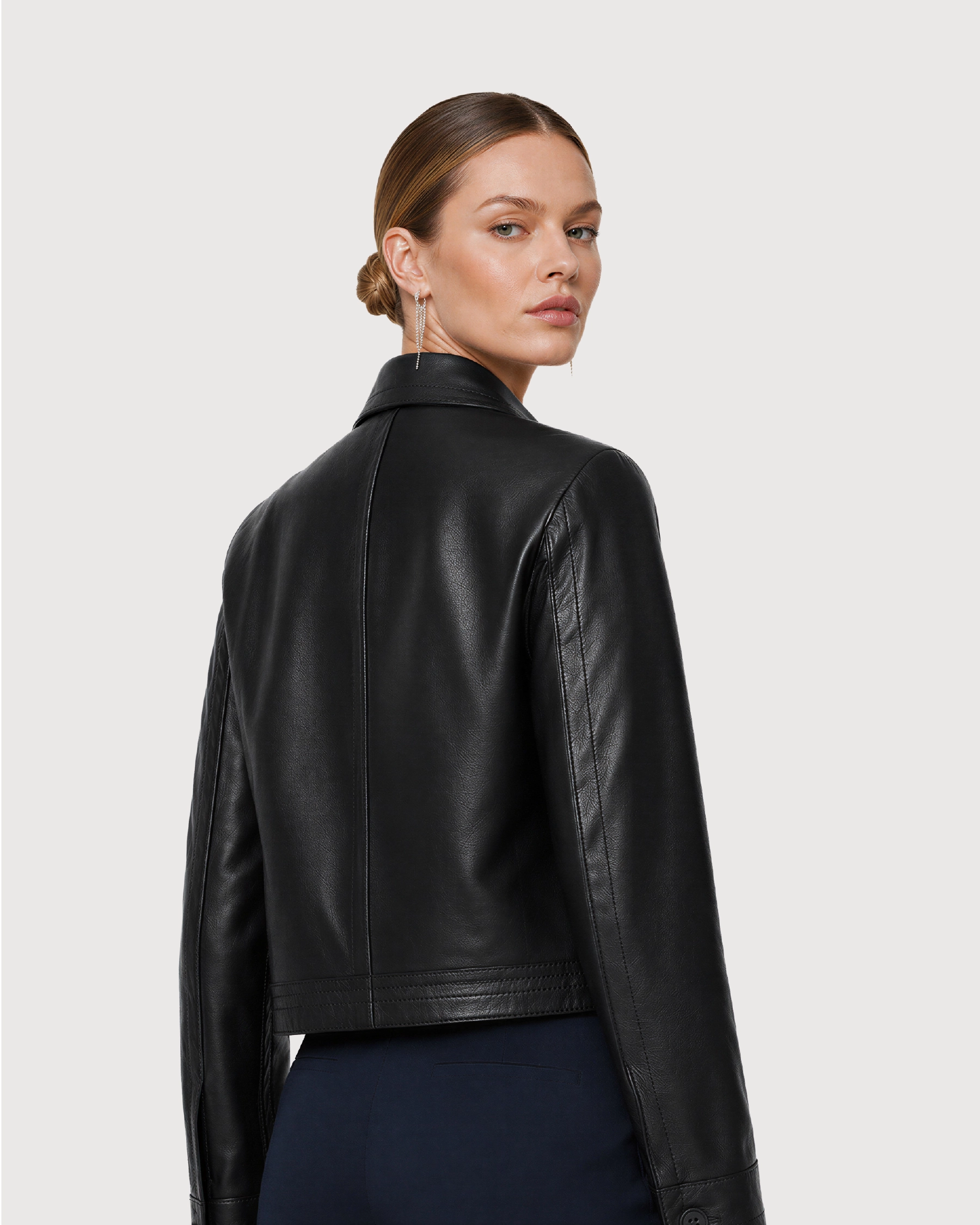 LUCIA Black Buttoned Leather Jacket - Back
