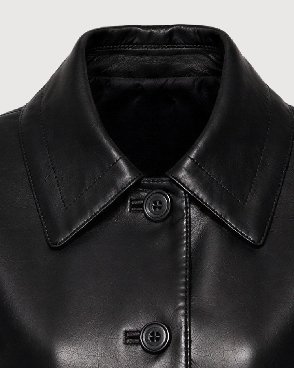 LUCIA Black Buttoned Leather Jacket - Collar