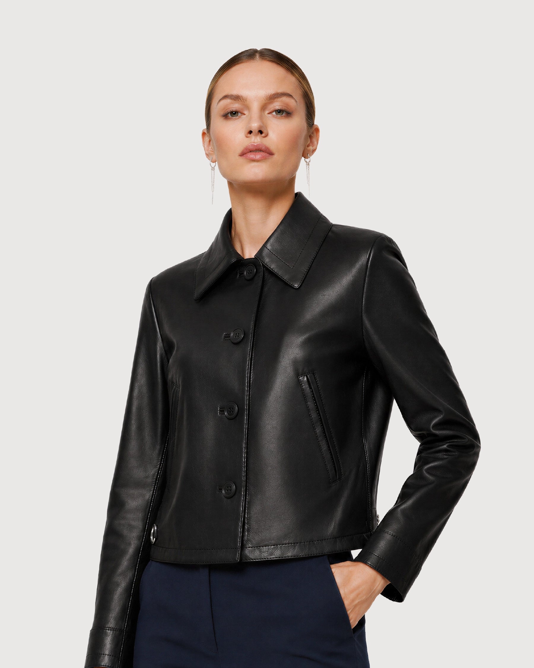 LUCIA Black Buttoned Leather Jacket - Left