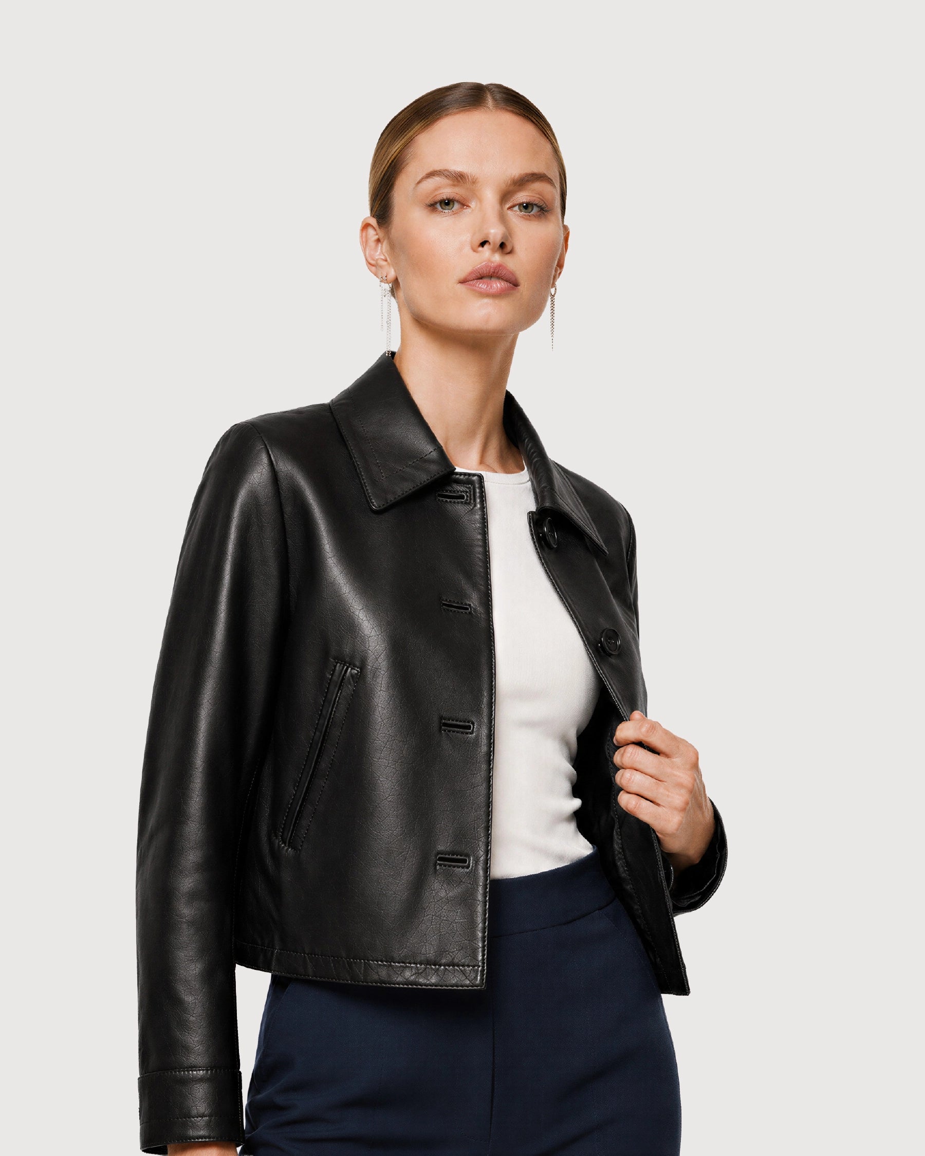 LUCIA Black Buttoned Leather Jacket - Open Button