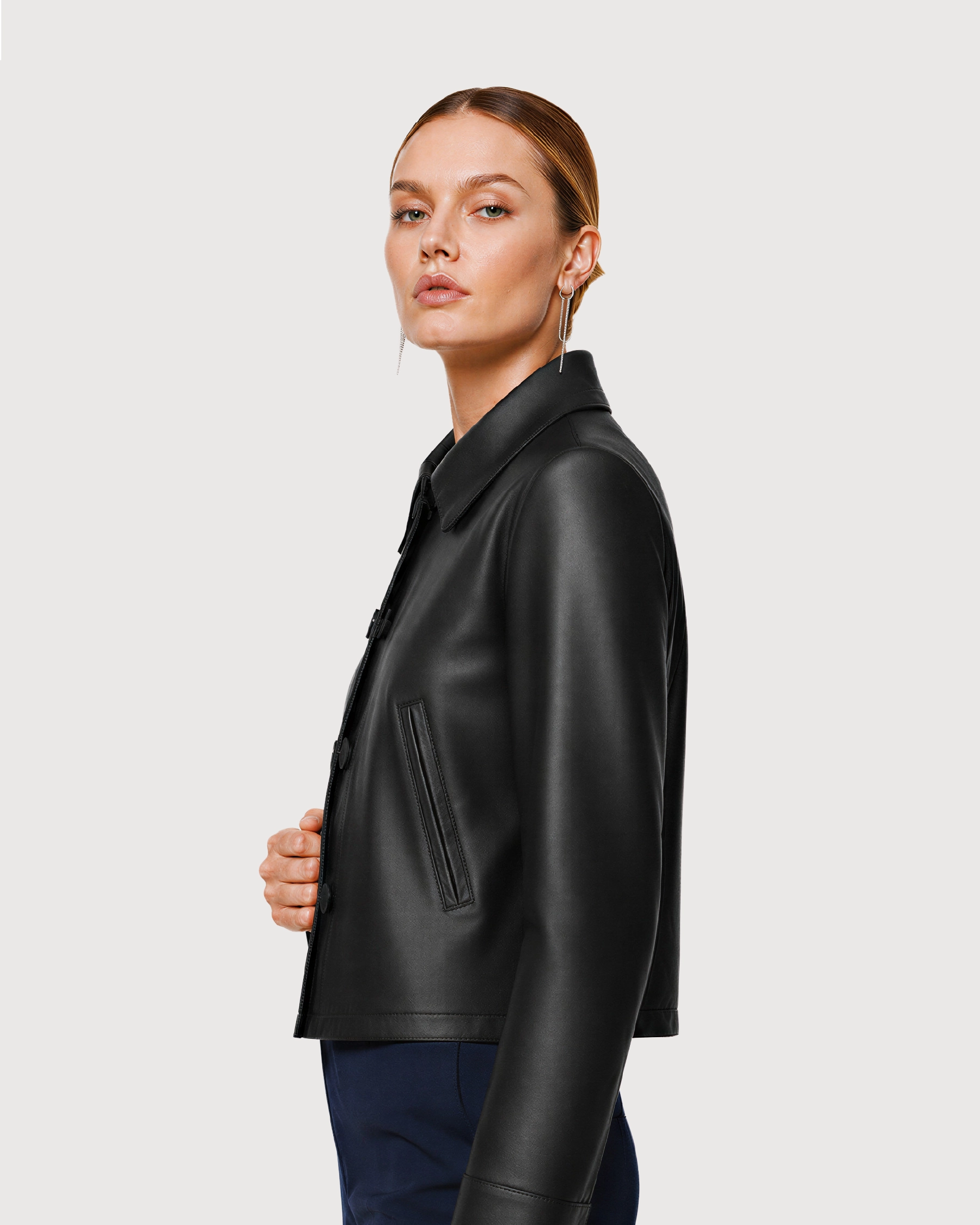 LUCIA Black Buttoned Leather Jacket - Right