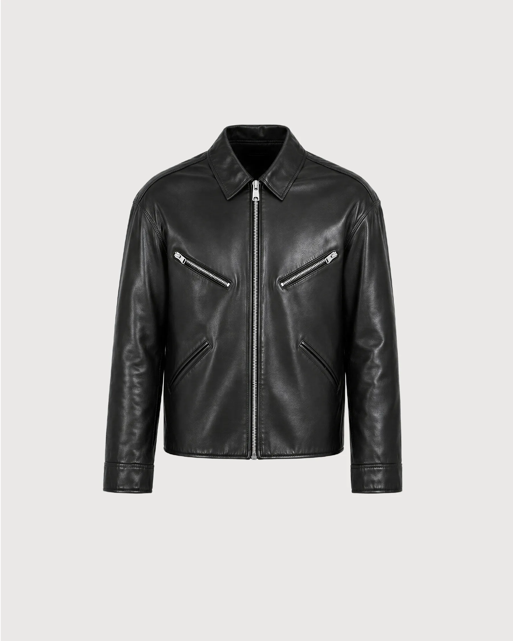 MAKO Black Collared Leather Jacket - Front