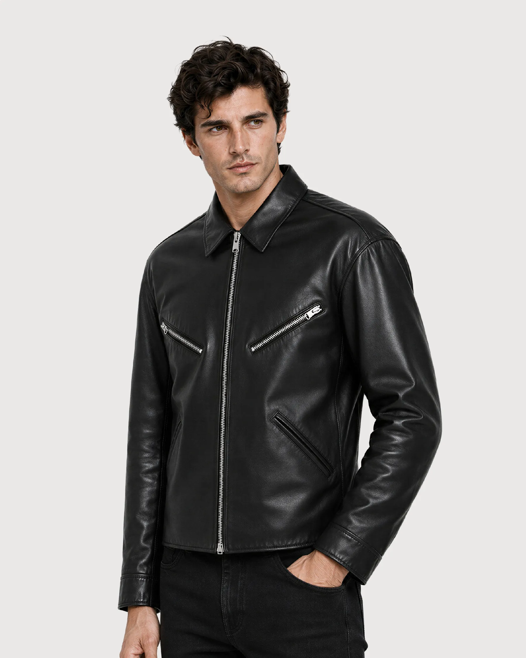 MAKO Black Collared Leather Jacket - Left