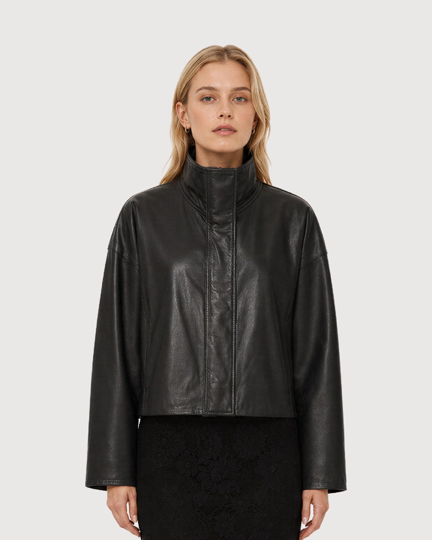 MAREN Black High Neck Leather Jacket