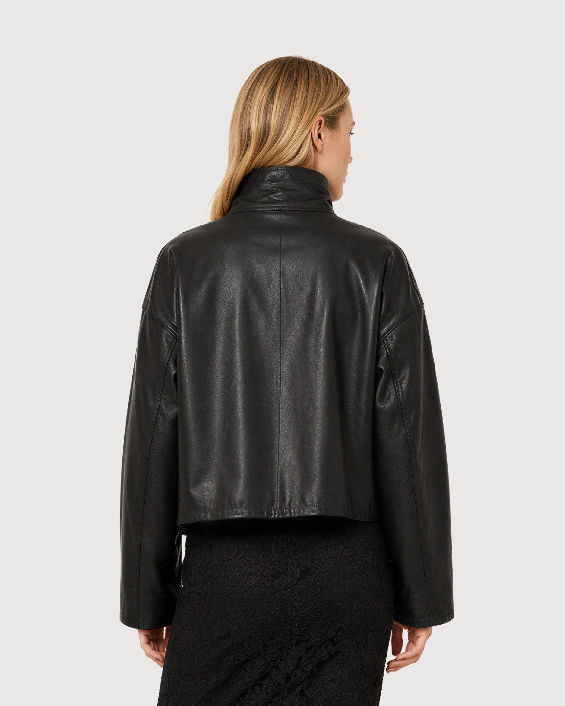 MAREN Black High Neck Leather Jacket - Back