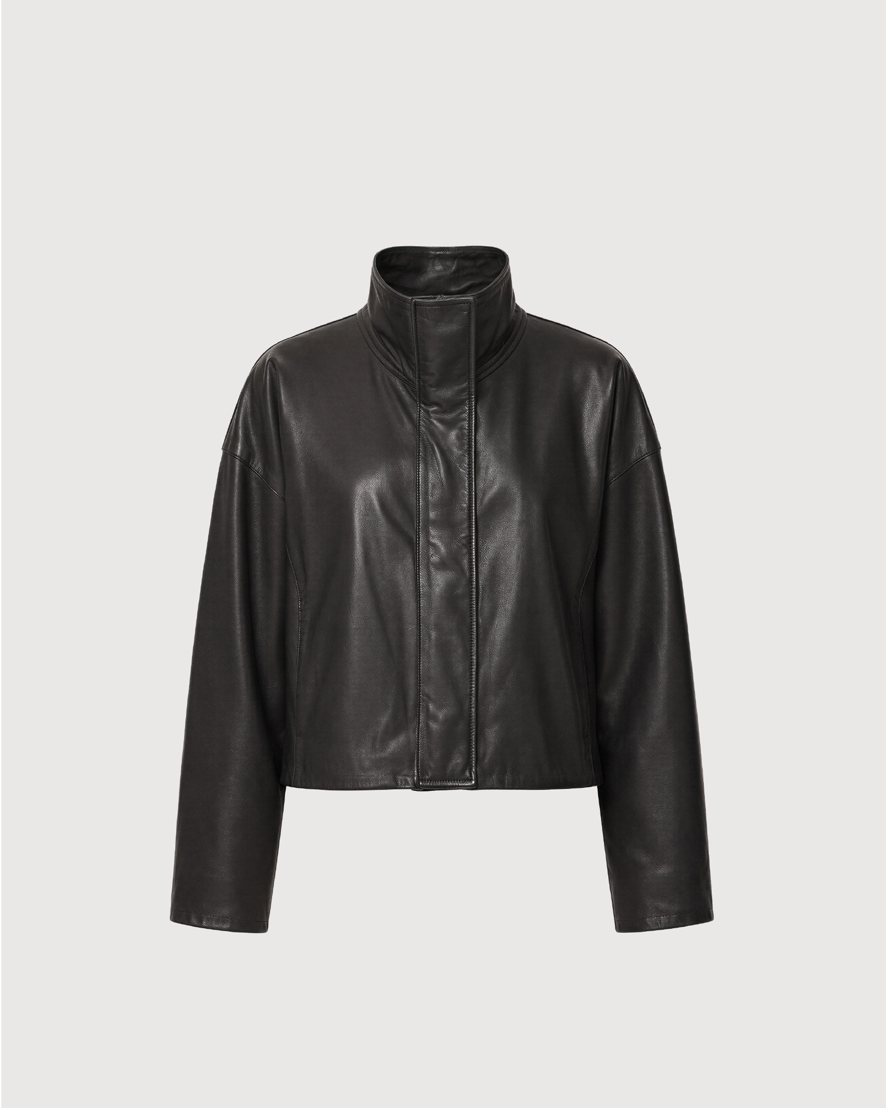 MAREN Black High Neck Leather Jacket - Front