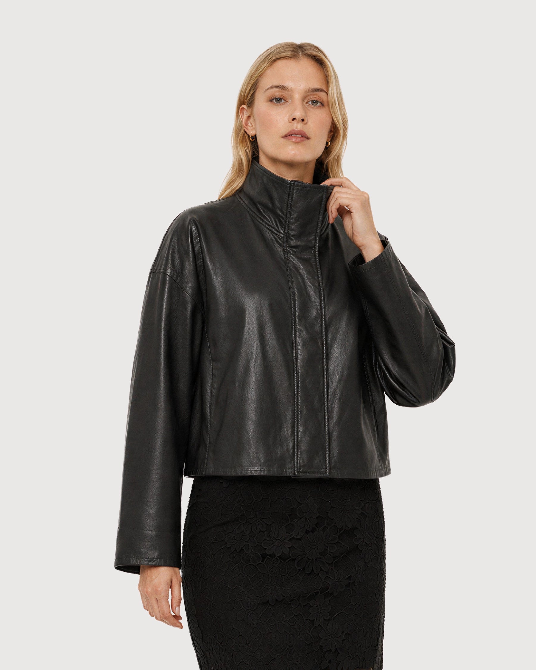 MAREN Black High Neck Leather Jacket - Left