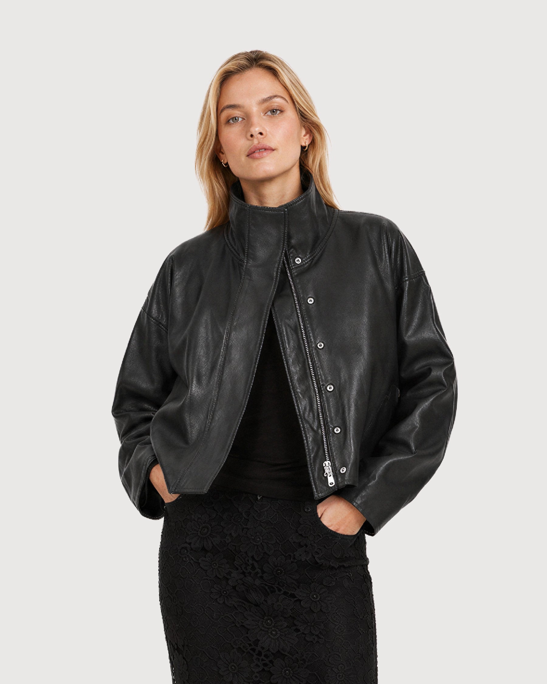 MAREN Black High Neck Leather Jacket - Open Front