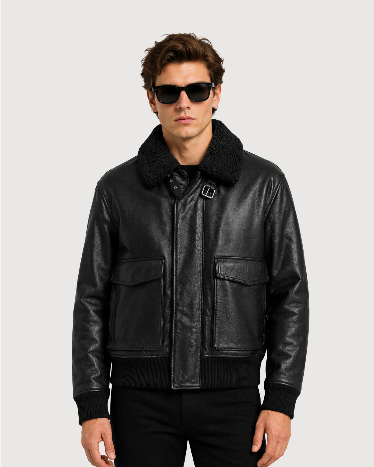 MERCER Black Shearling Collar Leather Flight Jacket