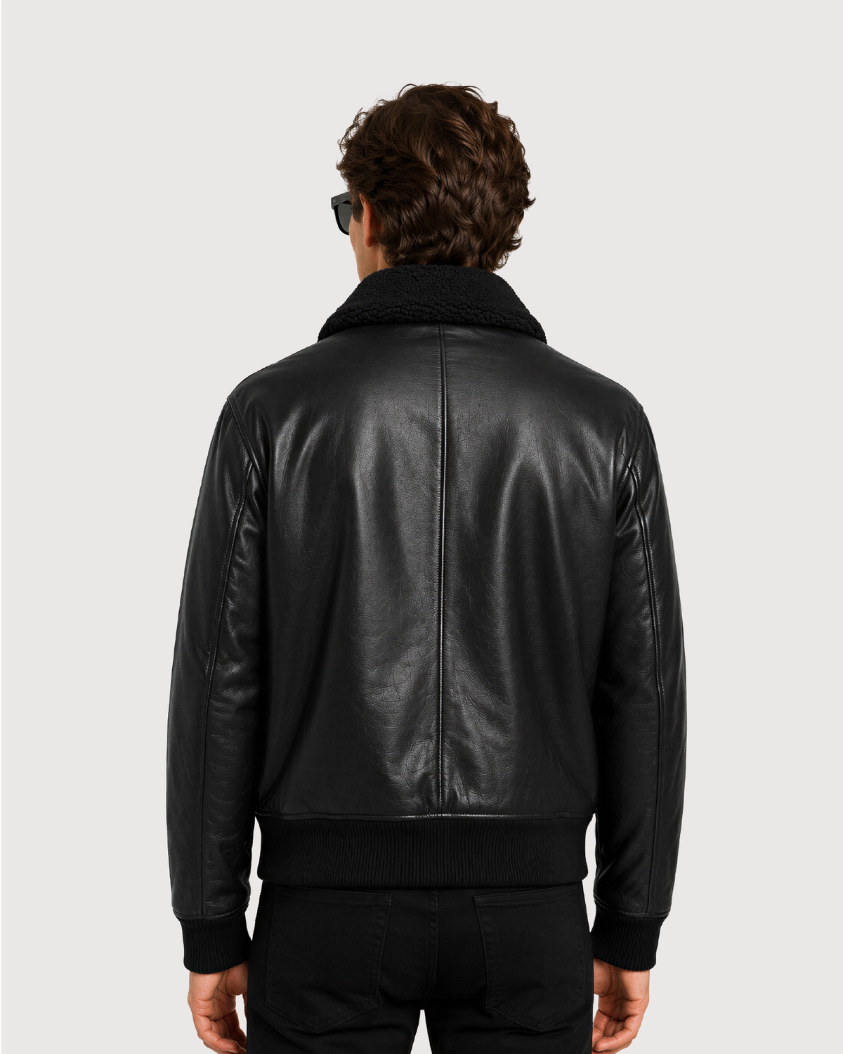 MERCER Black Shearling Collar Leather Flight Jacket - Back