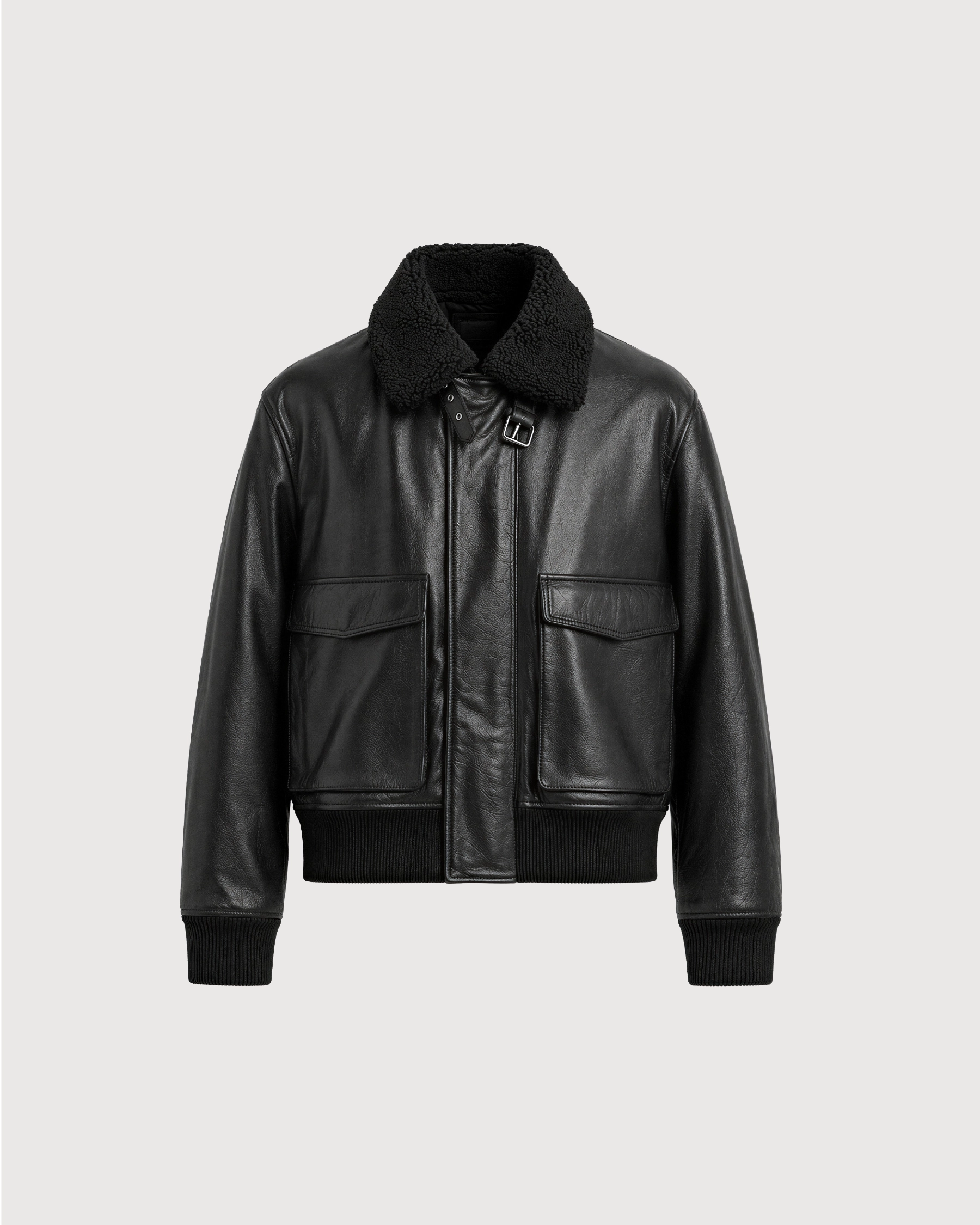 MERCER Black Shearling Collar Leather Flight Jacket - Front