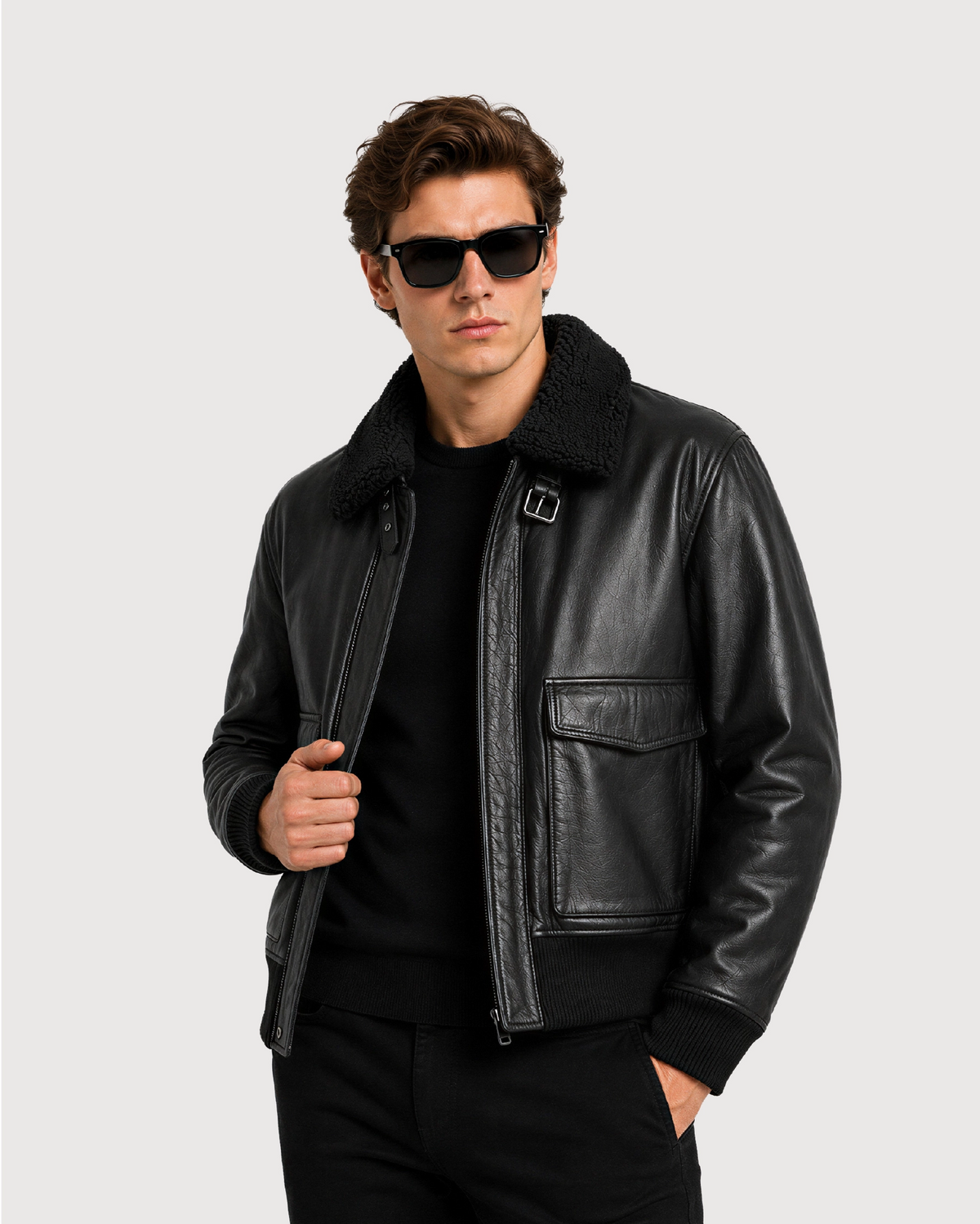 MERCER Black Shearling Collar Leather Flight Jacket - Open Zipper