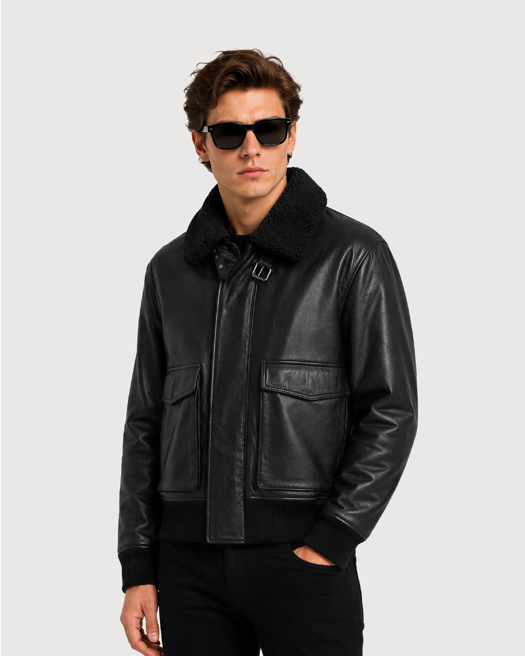 MERCER Black Shearling Collar Leather Flight Jacket - Right