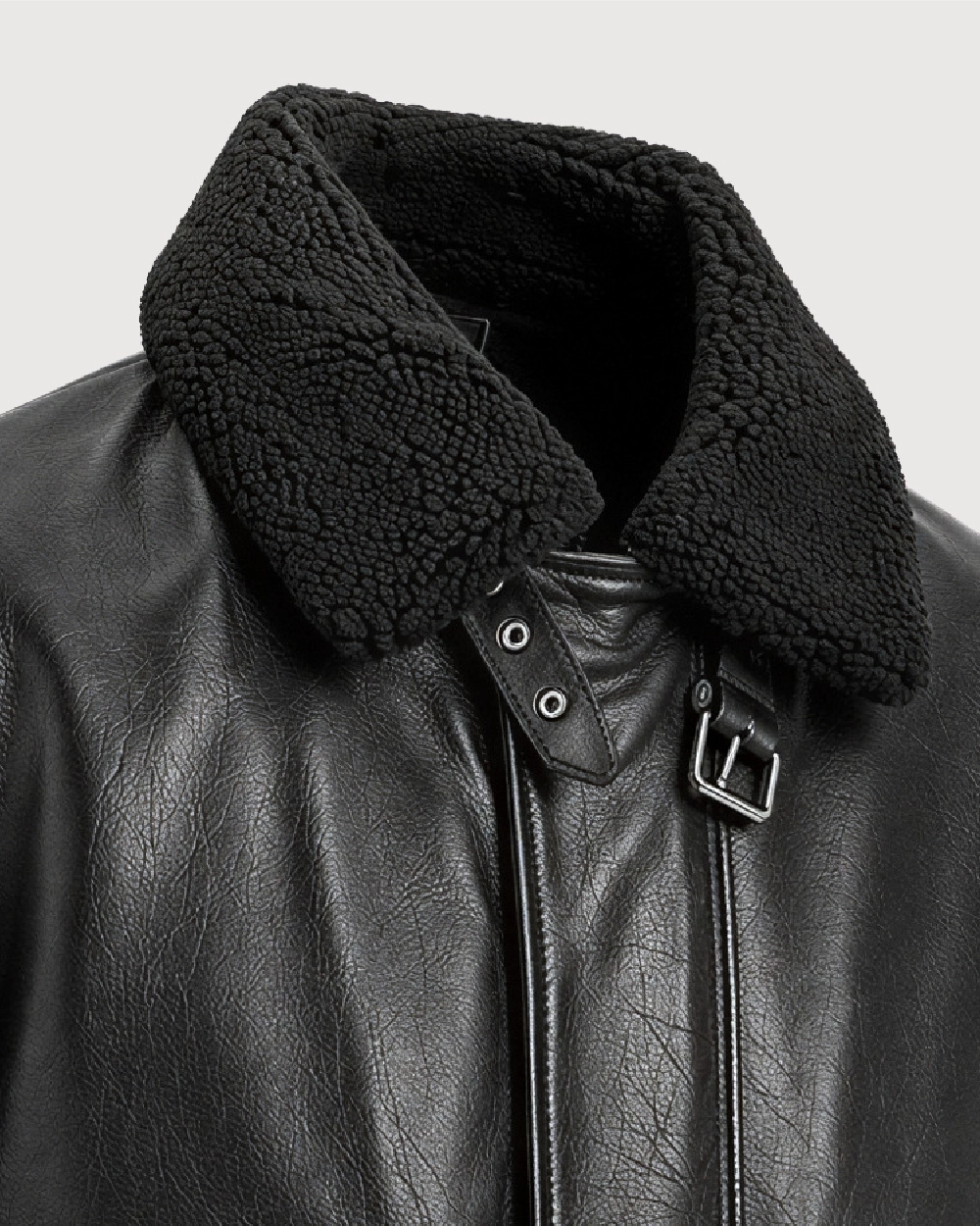 MERCER Black Shearling Collar Leather Flight Jacket - Shearling Collar