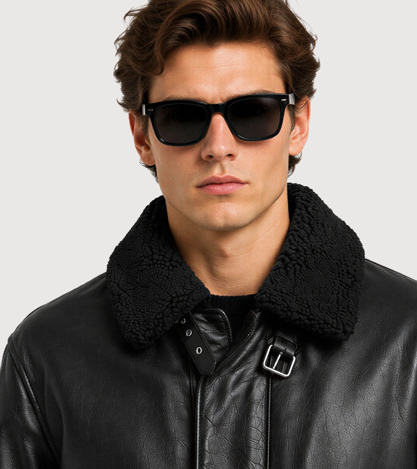 MERCER Black Shearling Collar Leather Flight Jacket - Zoom