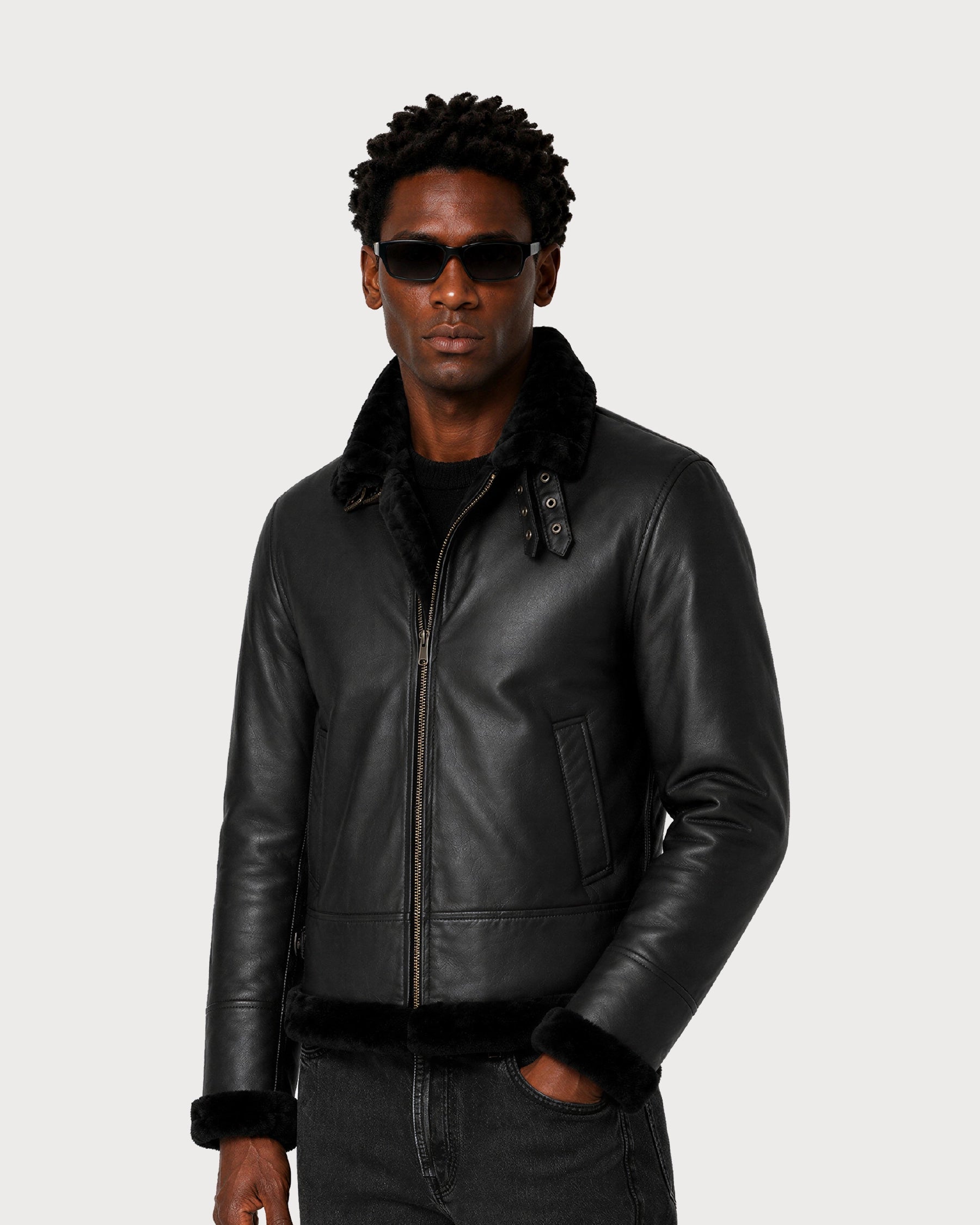 NERO Black B3 Shearling Bomber Leather Jacket - Left