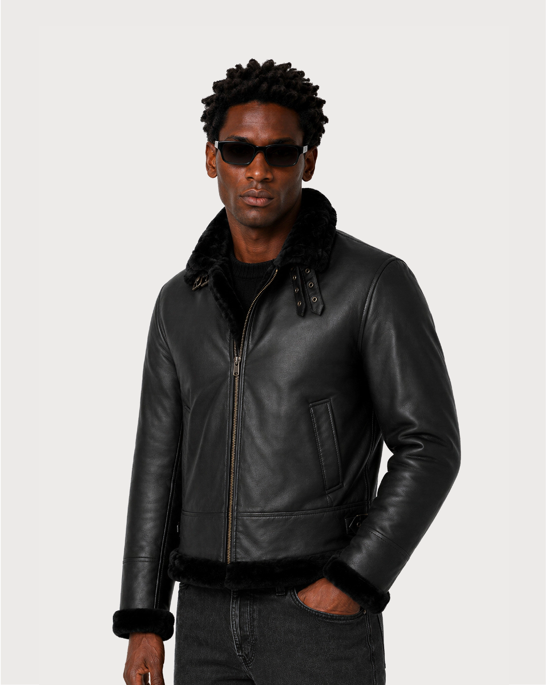 NERO Black B3 Shearling Bomber Leather Jacket - Right