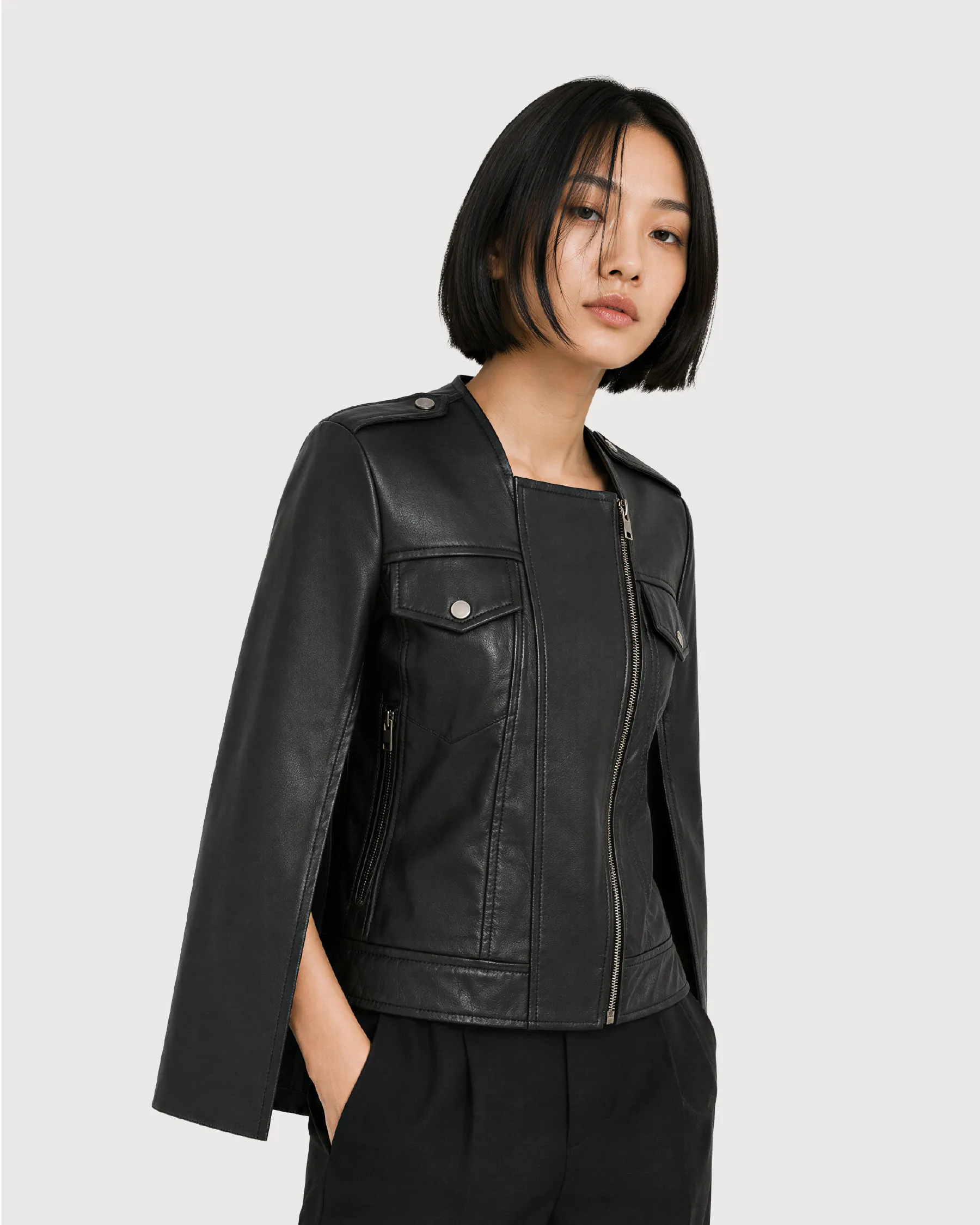 NOIR Black Split-Sleeve Leather Jacket - Left