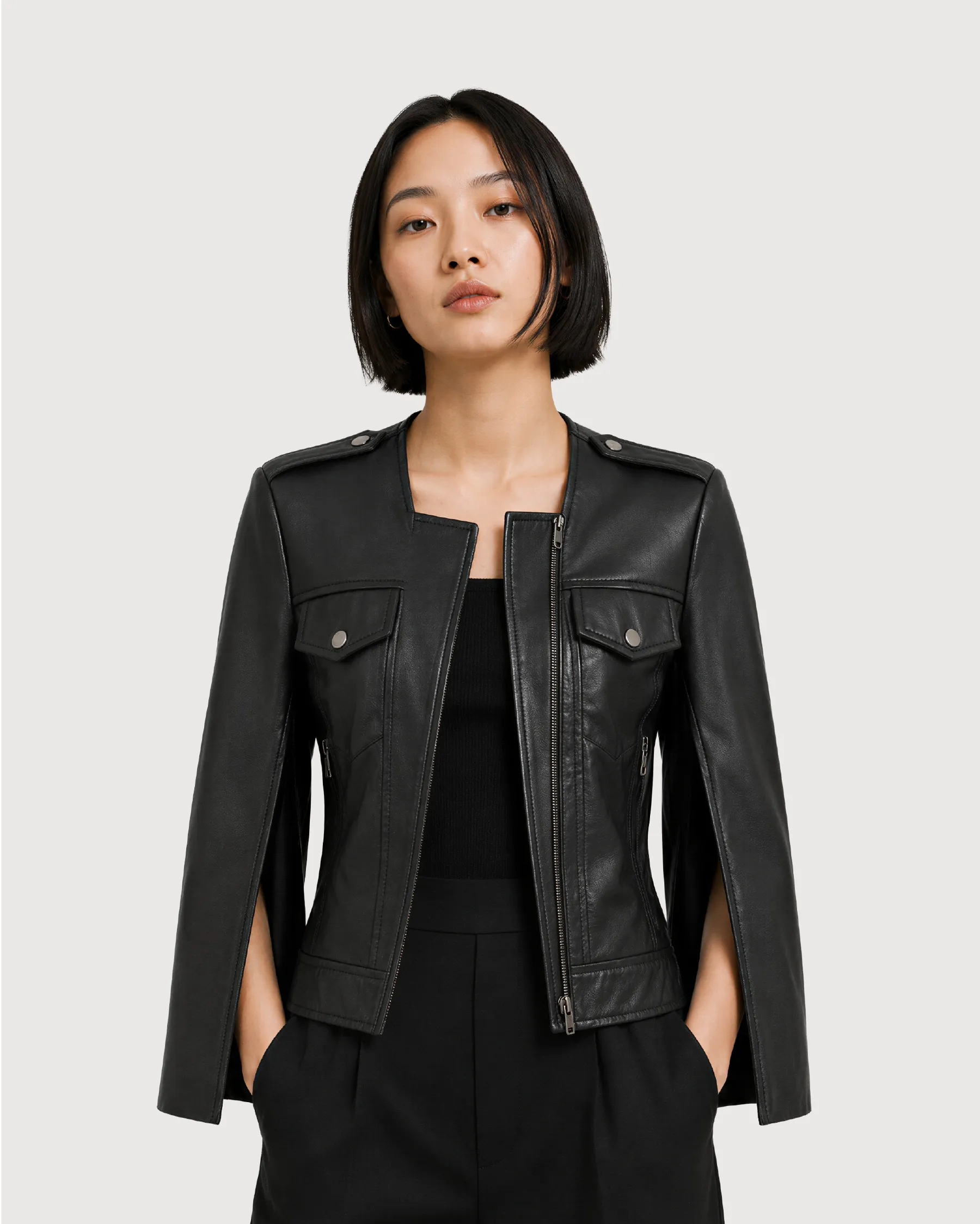 NOIR Black Split-Sleeve Leather Jacket - Open Zipper