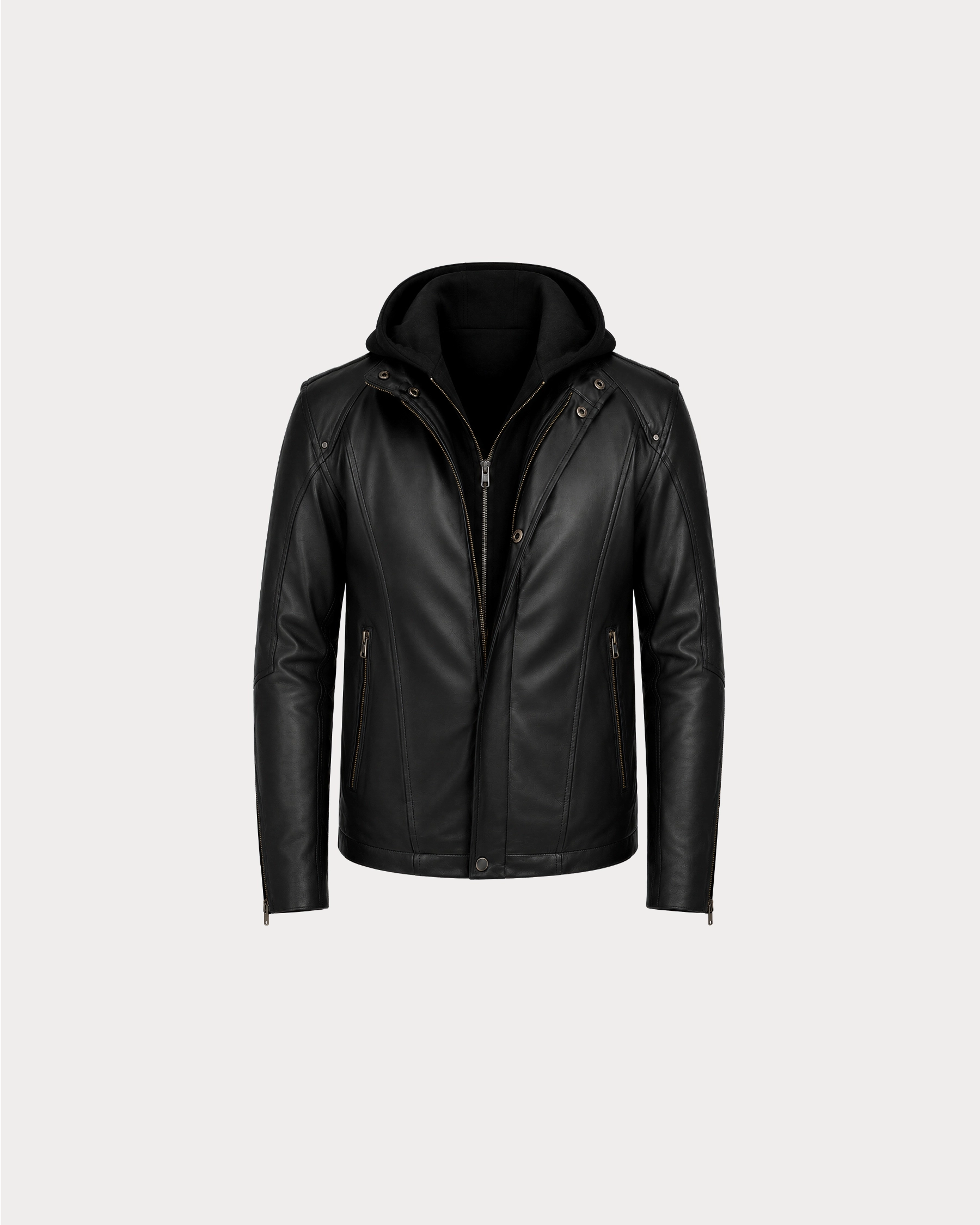 NOX Black Hooded Biker Leather Jacket - Front