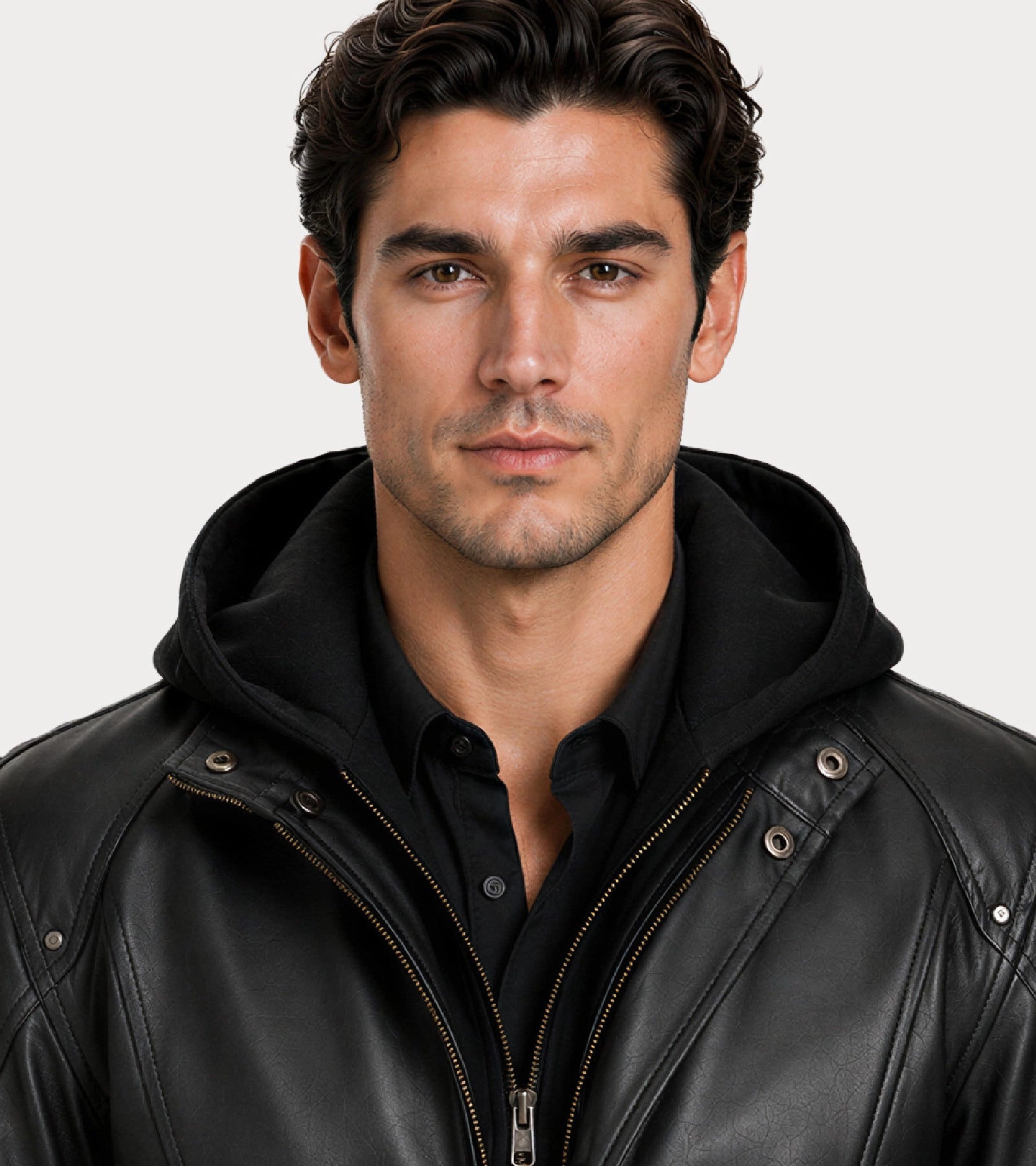 NOX Black Hooded Biker Leather Jacket - Zoom