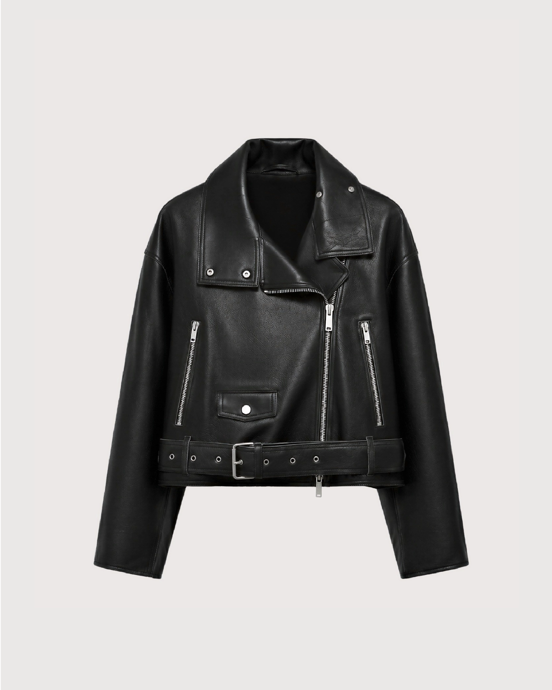 ONYX Black Belted Biker Leather Jacket - Front