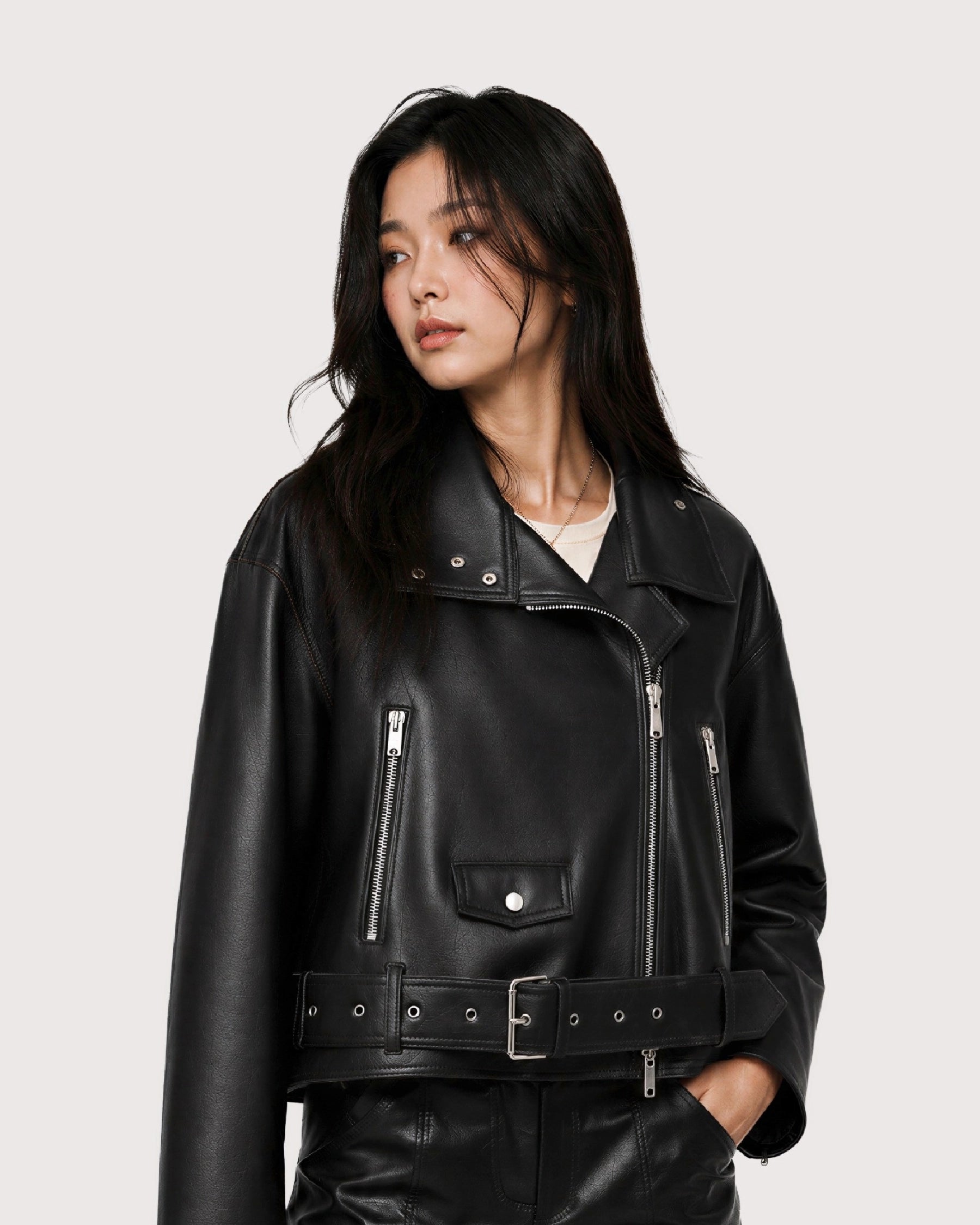 ONYX Black Belted Biker Leather Jacket - Left