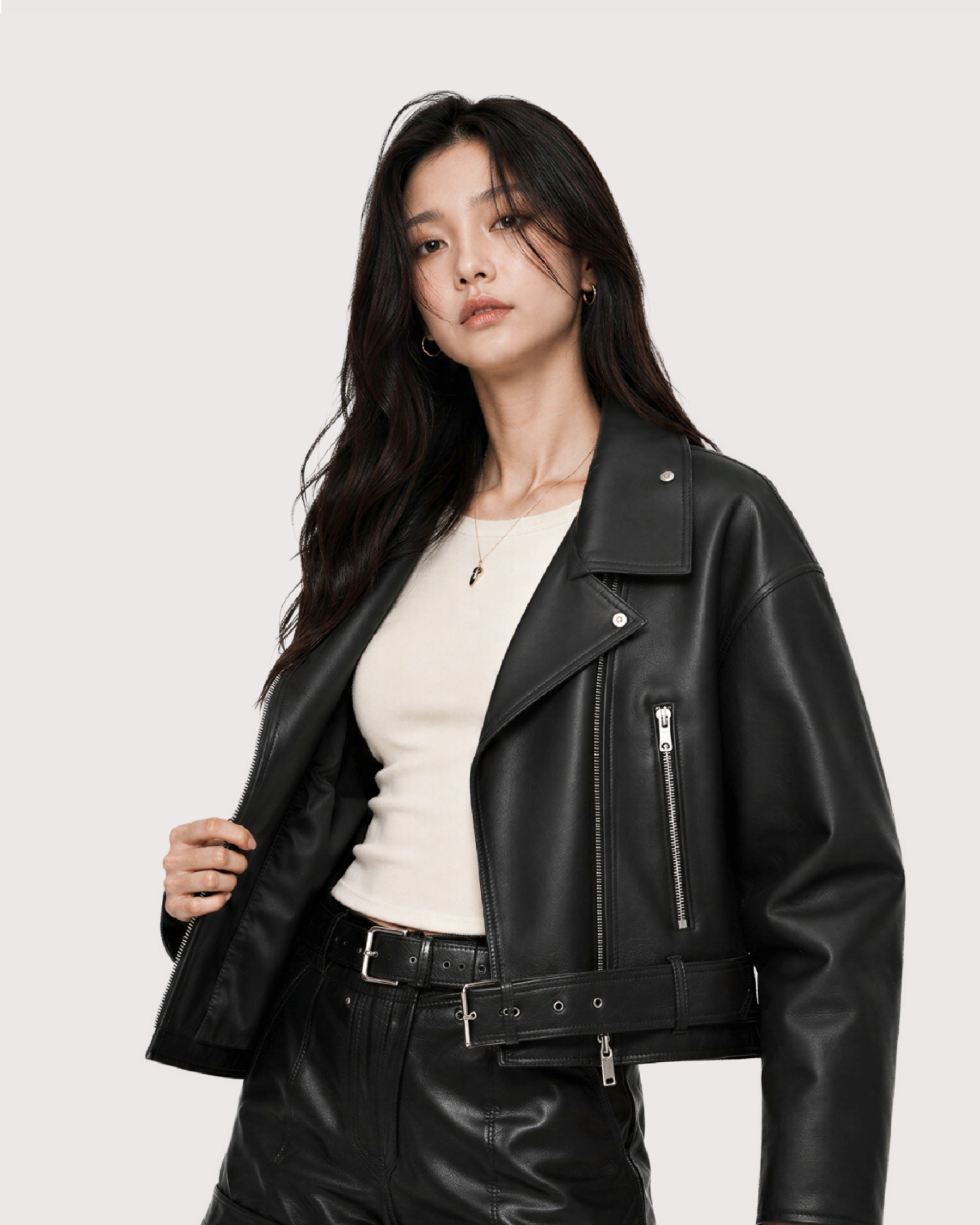 ONYX Black Belted Biker Leather Jacket - Open Zipper