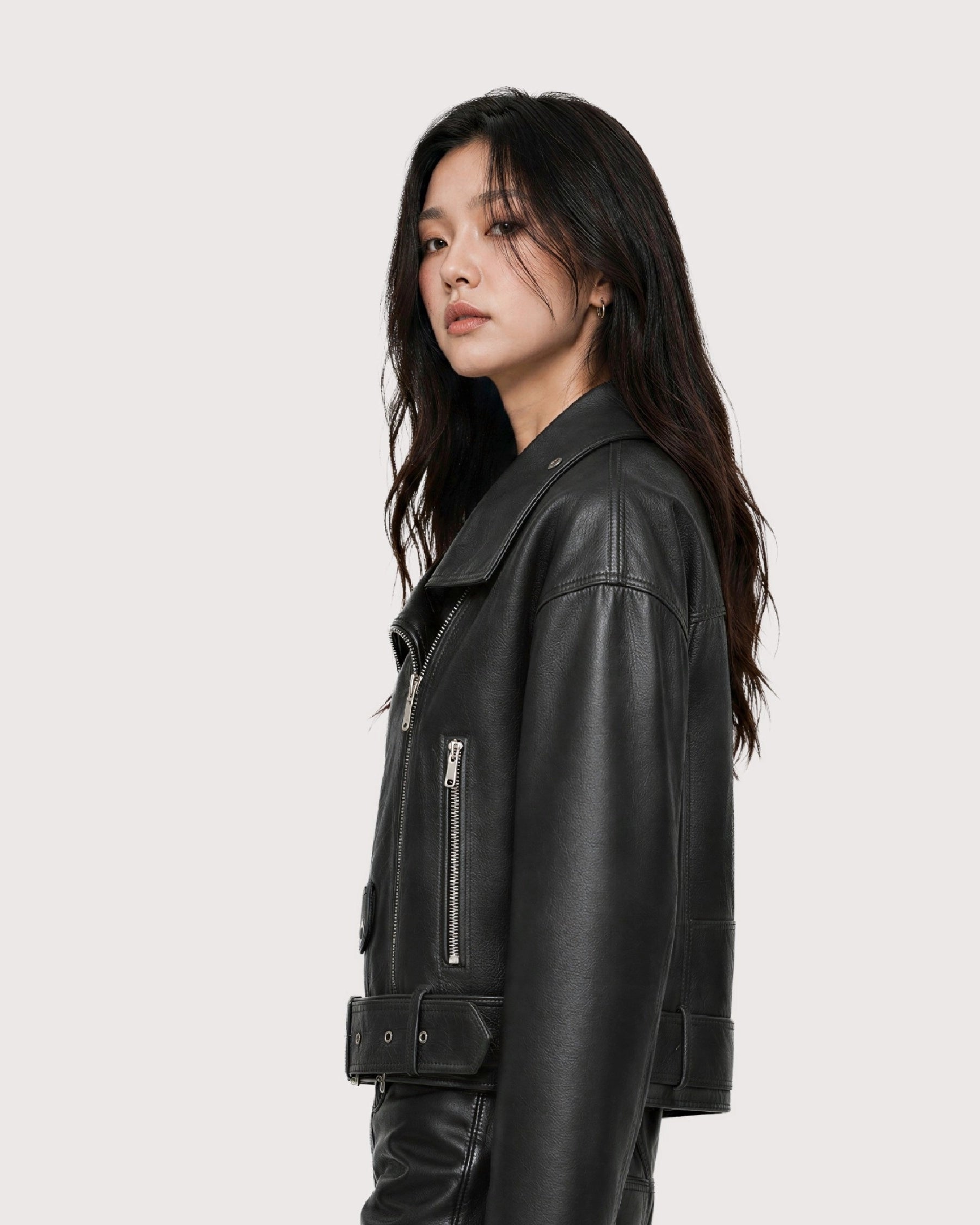 ONYX Black Belted Biker Leather Jacket - Side
